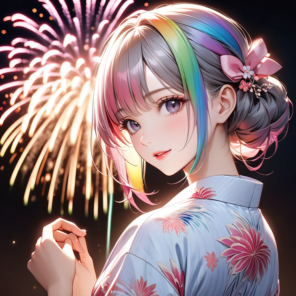 A beautiful and divine woman wearing a clean and refreshing white and pink yukata.々A beautiful woman.々Beautiful Goddess, Rainbow Hair,Medium long hairstyle,Beautiful attention to detail, Beautiful lip detail, Highly detailed face, Long eyelashes, Friendly and polite expressions, red, Round crystals in both hands, The perfect uniform, High quality lighting, Realistic, 8k, Highest quality, masterpiece, Professional, Studio Lighting,The background is a fireworks display,Looking back