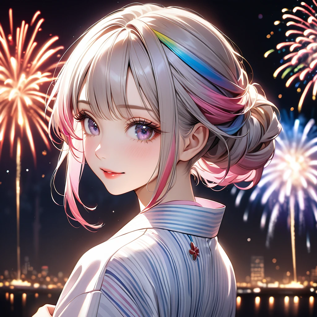 A beautiful and divine woman wearing a clean and refreshing white and pink yukata.々A beautiful woman.々Beautiful Goddess, Rainbow Hair,Medium long hairstyle,Beautiful attention to detail, Beautiful lip detail, Highly detailed face, Long eyelashes, Friendly and polite expressions, red, Round crystals in both hands, The perfect uniform, High quality lighting, Realistic, 8k, Highest quality, masterpiece, Professional, Studio Lighting,The background is a fireworks display,Looking back