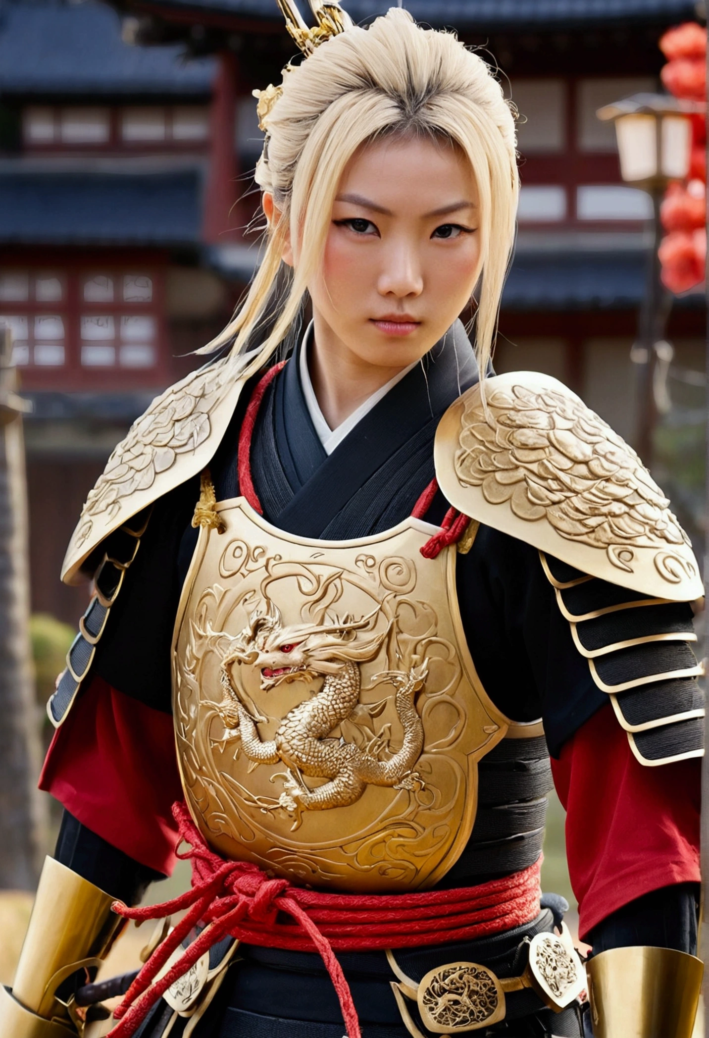 Highest quality、High resolution、Very detailed、Detailed Background、Beautiful 27 year old woman、Warrior、dragon tattoo on arm、Japanese sword明治政宗、(Blade length: 2 feet 4 inches、Handle length: 25cm、This part is woven with red and black threads...、The swallow is golden)、Japanese sword、Sharp eyes、enemy'Blood is flowing to my cheeks、Japan's Warring States Period(armor、pocket、Complete、1.5)(Takeda Shingen)(赤と金のarmor)、blonde、short hair、Realistic Face、Swing your sword down、Delicate eyes、Laugh a little、Like a fight scene in a live-action movie、More realistic battle scenes、On the cheeks、enemyWarriorの返り血、(Burning castle in the background、Sparks fly、)(Japanese sword(The famous sword Muramasa 1.5)Hold with both hands、Sword Drawing Technique(Japanese sword、Muramasa Sword)、armorを着たWarrior、