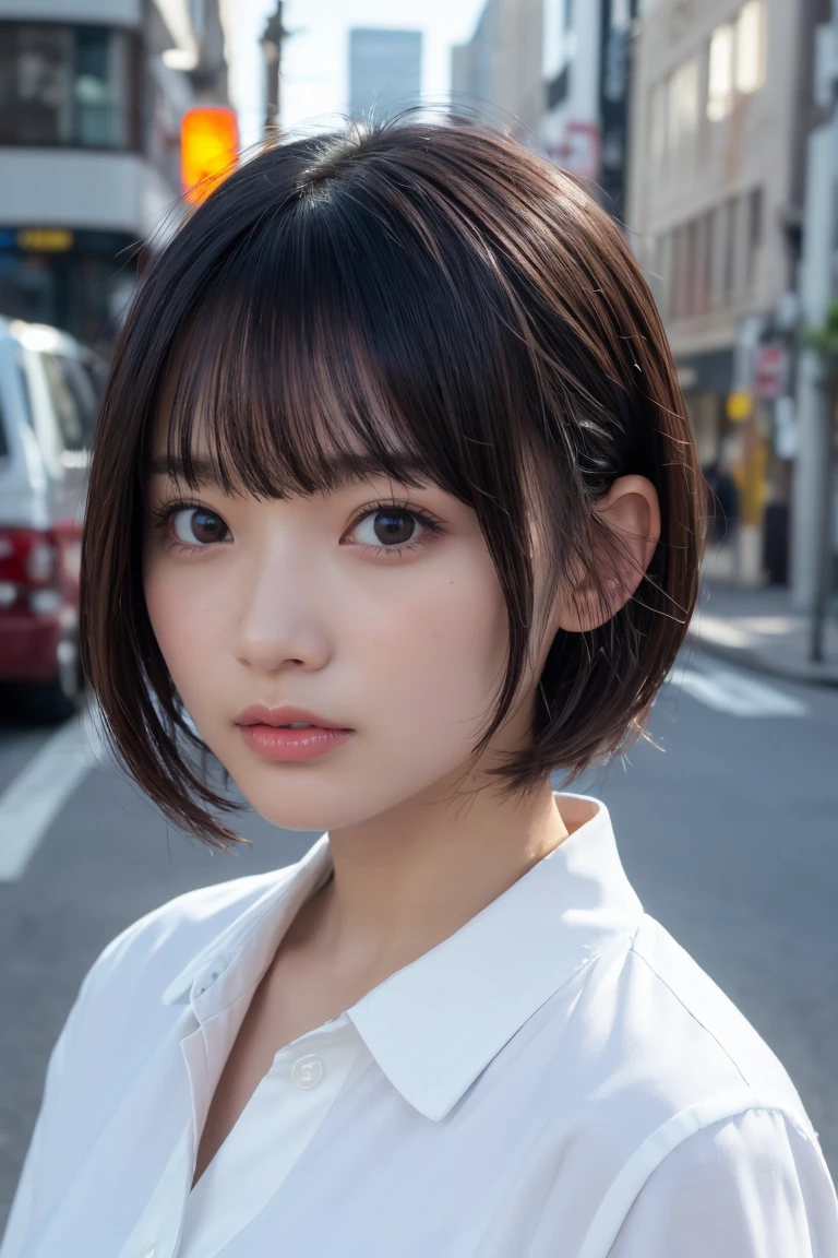 ((Highest quality、8k、masterpiece:1.3))、Beautiful woman、One Girl、(Slim Abs:1.1、White Button Down Blouse、((short hair))、Detailed facial features、Highly detailed lips、Detailed eyes、double eyelid、(Neat bangs.1.3)、Dark brown hair、Large Eyes、Seductive lips、The corners of the mouth turn up、black eye、street、cute asian face, Beautiful Japanese girl face, Short fine hair,With bangs,, Shirahime cut hairstyle、Narrow eyes、(A grown-up 30-year-old)、