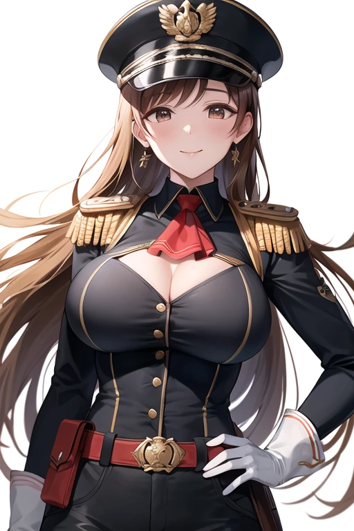 masterpiece, best quality, highres, aanitta, (very long hair), (black peaked cap), earrings, big breasts, cleavage, muscular body, military uniform, epaulettes, badges, (black shirt:1.2), (gold trim), (bulletproof vest), (red ascot), black sleeves, long sleeves, (black cargo pants), utility belt, (belt pouches), cargo pants, (white gloves), cowboy shot, standing, smile, closed mouth, facing the viewer, looking at the viewer, (simple white background)