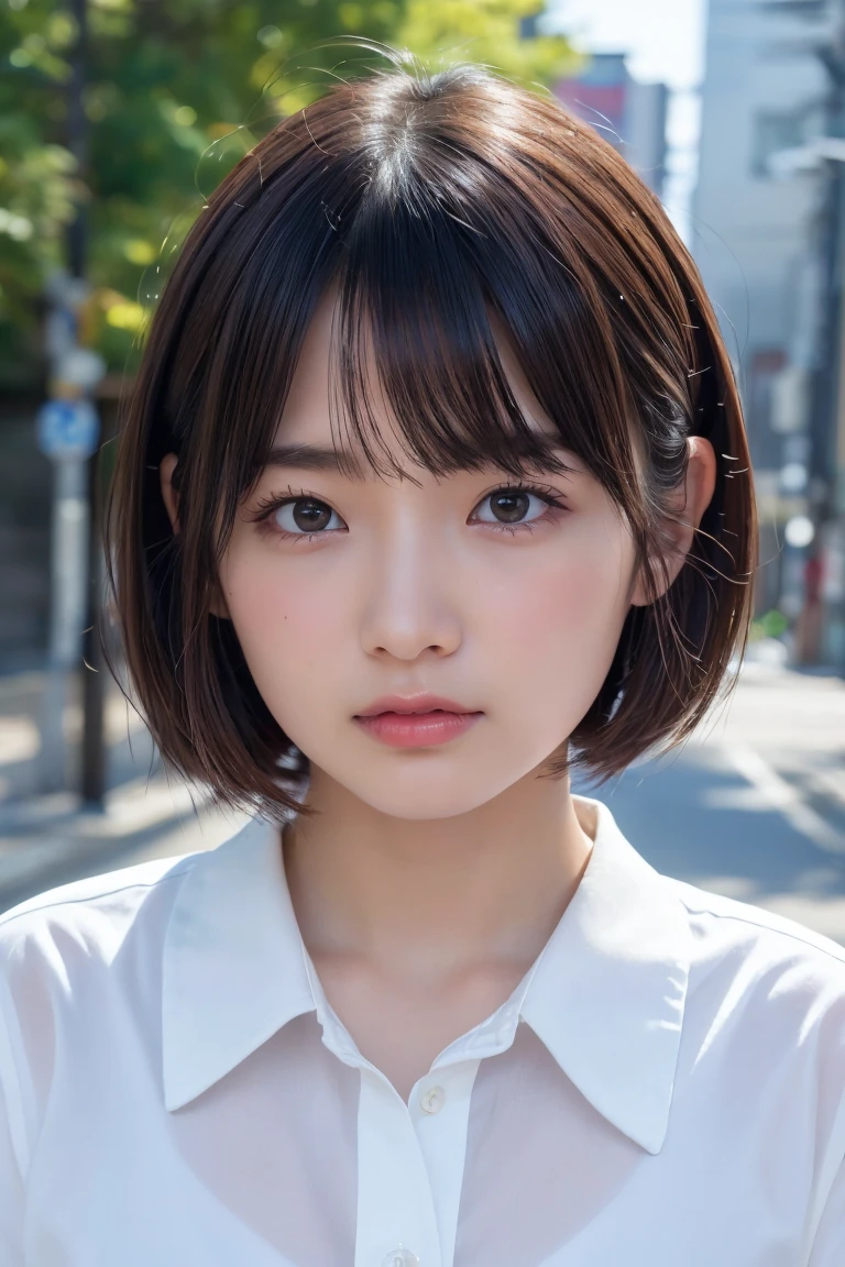 ((Highest quality、8k、masterpiece:1.3))、Beautiful woman、One Girl、(Slim Abs:1.1、White Button Down Blouse、((short hair))、Detailed facial features、Highly detailed lips、Detailed eyes、double eyelid、(Neat bangs.1.3)、Dark brown hair、Large Eyes、Seductive lips、The corners of the mouth turn up、black eye、street、cute asian face, Beautiful Japanese girl face, Short fine hair，With bangs,, Shirahime cut hairstyle、Narrow eyes、(A grown-up 30-year-old)、