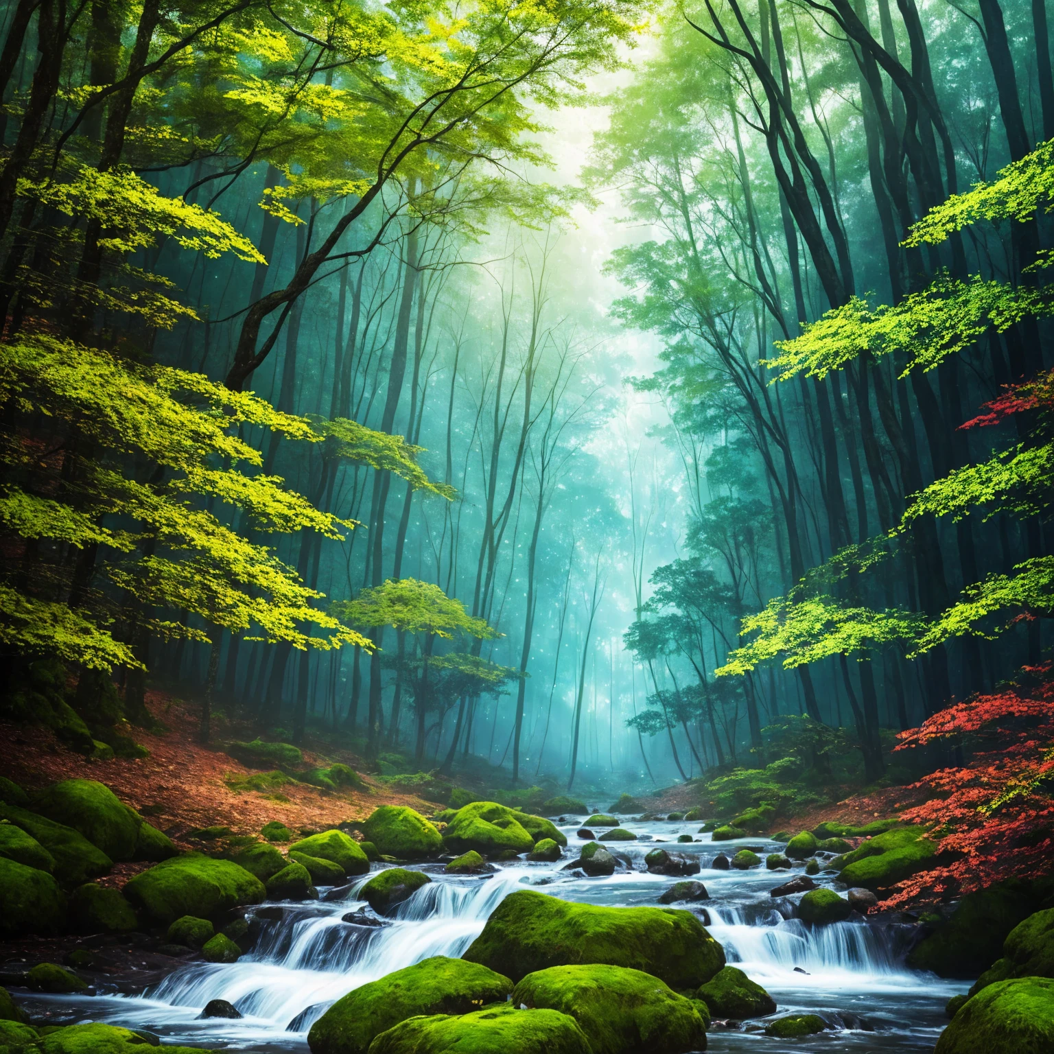 a forest with a stream and trees in the middle, a matte painting by Jaroslava Korol, trending on cgsociety, fantasy art, magical environment, magical forest in the background, magical forest, glowing forest, magical colours and atmosphere, mystical forest, magical colors and atmosphere, magical clearing, beautiful forest, magical fantasy forest, really beautiful forest, forest light