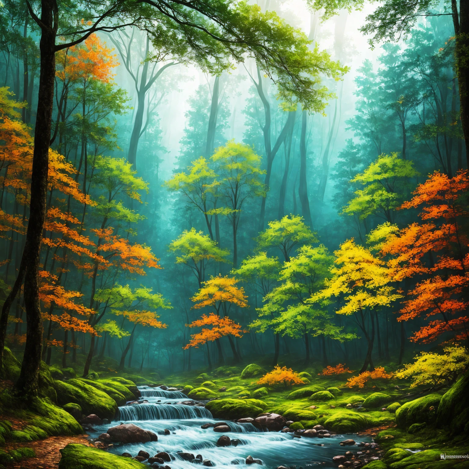 a forest with a stream and trees in the middle, a matte painting by Jaroslava Korol, trending on cgsociety, fantasy art, magical environment, magical forest in the background, magical forest, glowing forest, magical colours and atmosphere, mystical forest, magical colors and atmosphere, magical clearing, beautiful forest, magical fantasy forest, really beautiful forest, forest light