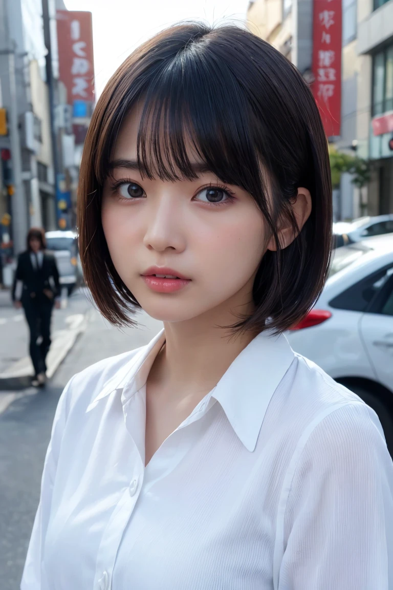((Highest quality、8k、masterpiece:1.3))、Beautiful woman、One Girl、(Slim Abs:1.1、White Button Down Blouse、((short hair))、Detailed facial features、Highly detailed lips、Detailed eyes、double eyelid、(Neat bangs.1.3)、Dark brown hair、Large Eyes、Seductive lips、The corners of the mouth turn up、black eye、street、cute asian face, Beautiful Japanese girl face, Short fine hair,With bangs,, Shirahime cut hairstyle、Narrow eyes、(A grown-up 30-year-old)、