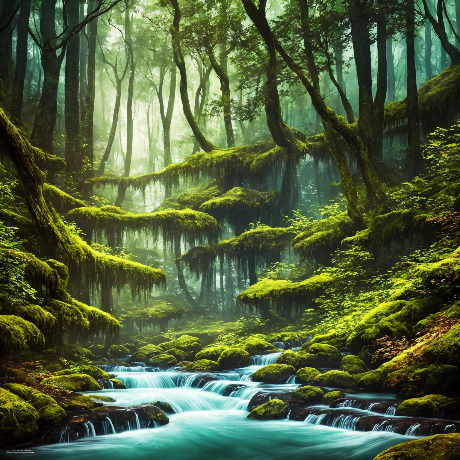 a forest with a stream and trees in the middle, a matte painting by Jaroslava Korol, trending on cgsociety, fantasy art, magical environment, magical forest in the background, magical forest, glowing forest, magical colours and atmosphere, mystical forest, magical colors and atmosphere, magical clearing, beautiful forest, magical fantasy forest, really beautiful forest, forest light