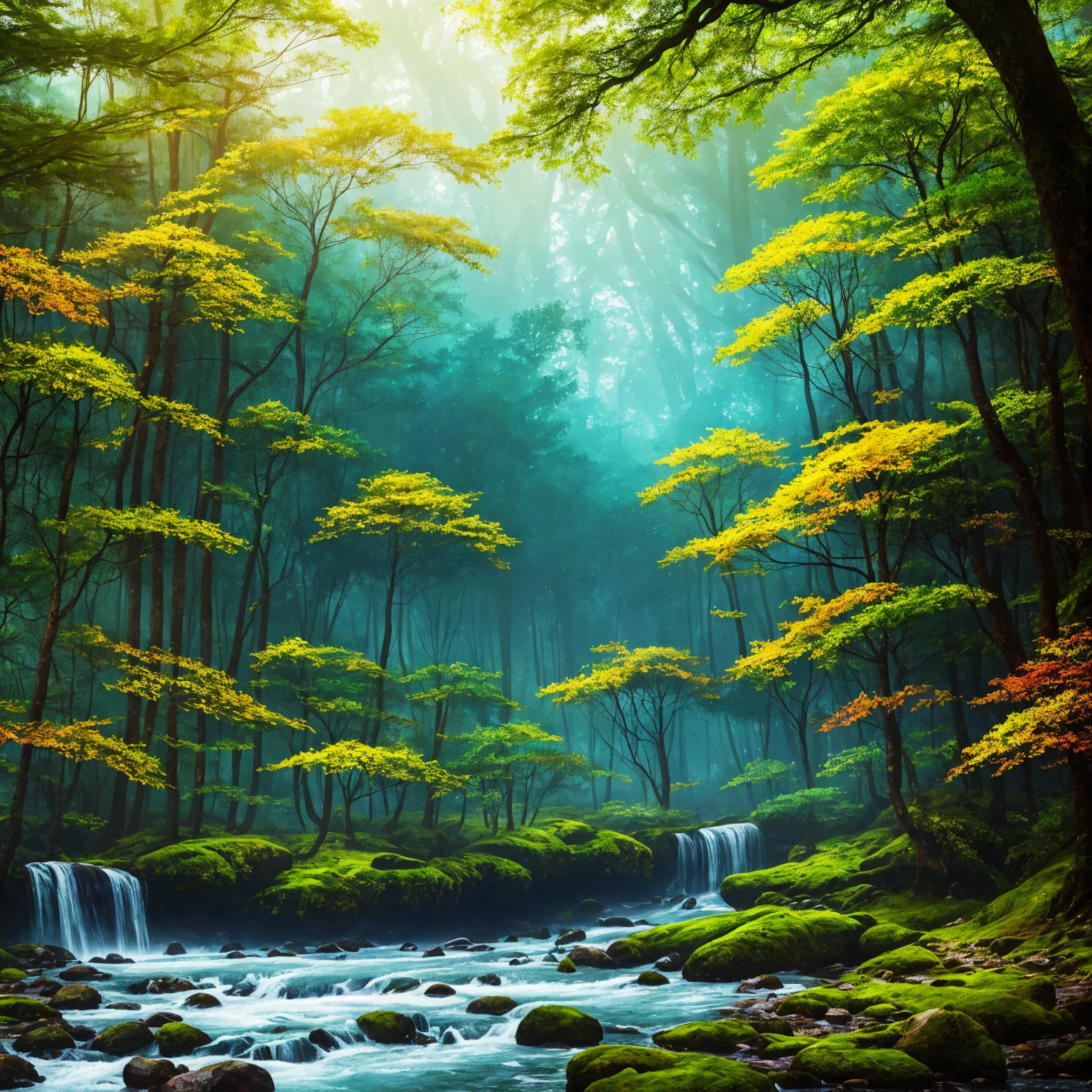 a forest with a stream and trees in the middle, a matte painting by Jaroslava Korol, trending on cgsociety, fantasy art, magical environment, magical forest in the background, magical forest, glowing forest, magical colours and atmosphere, mystical forest, magical colors and atmosphere, magical clearing, beautiful forest, magical fantasy forest, really beautiful forest, forest light