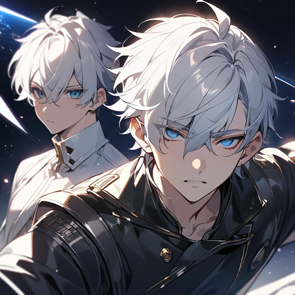 High quality, HD, 4k, no shadows, handsome male, 1male, , teenager, go lining, short white hair, sharp eyes, dark blue eyes, deep blue eyes, devil may cry, close up, calm expression, stoic expression, black leather clothes, white leather clothing, lean body, well trained body, upper body, looking at viewer, cowboy shot, white solar, space background