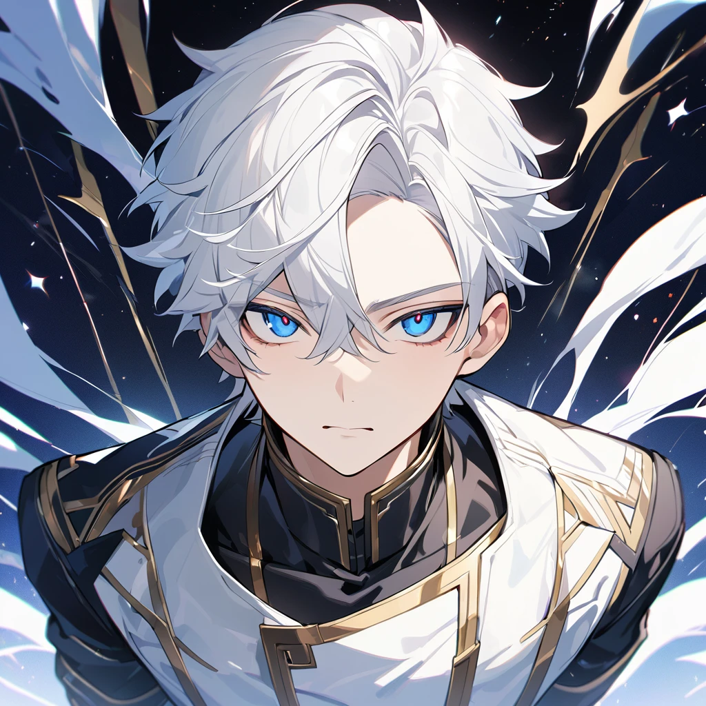 High quality, HD, 4k, no shadows, handsome male, 1male, , teenager, go lining, short white hair, sharp eyes, dark blue eyes, deep blue eyes, devil may cry, close up, calm expression, stoic expression, black leather clothes, white leather clothing, lean body, well trained body, upper body, looking at viewer, cowboy shot, white solar, space background