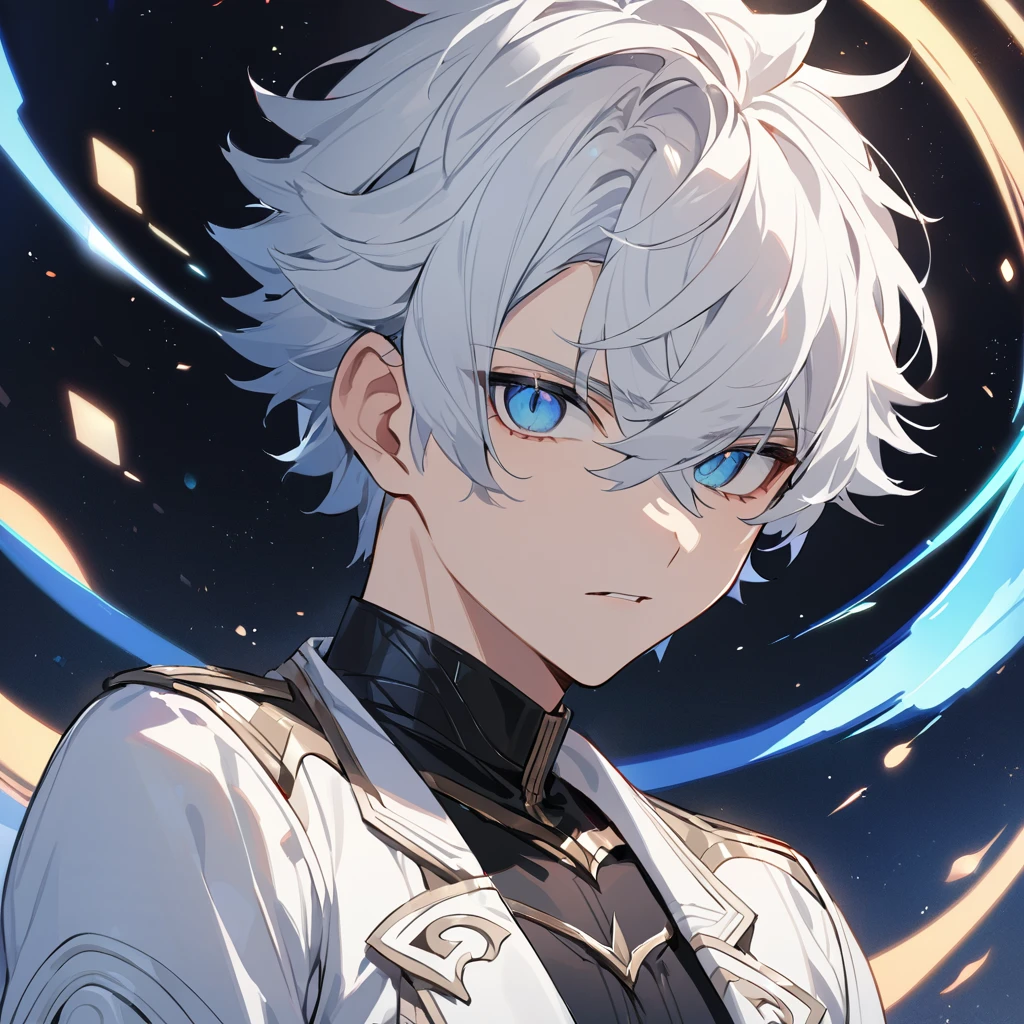 High quality, HD, 4k, no shadows, handsome male, 1male, 17 years old, teenager, golden lining, short white hair, sharp eyes, dark blue eyes, deep blue eyes, devil may cry, close up, calm expression, stoic expression, black leather clothes, white leather clothing, lean body, well trained body, upper body, looking at viewer, cowboy shot, white solar, space background