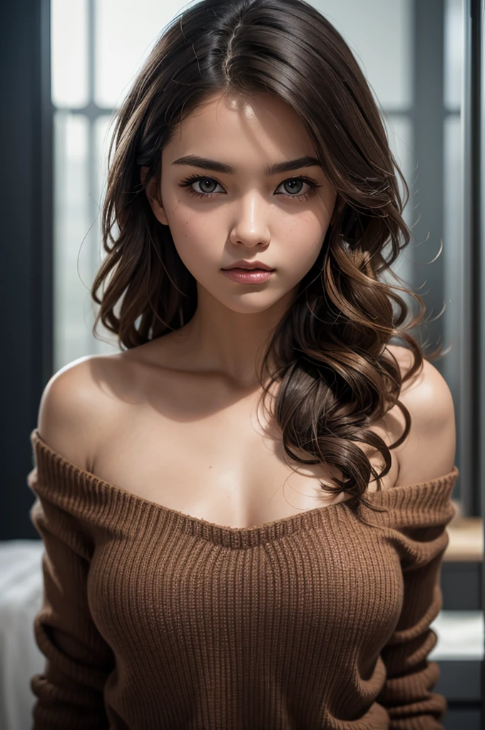 Afro-Latina woman aged 18, mixed-race woman, 1girl, solo, athletic build, tan skin, modest bust size, brown hair, brown eyes, African nose, big lips, long curly hair, tight curls, constricted pupils, wearing a brown sweater, Hyperrealism, cinematic lighting, bust chart, perspective, Ultra-Wide Angle, Nikon, masterpiece, high quality, super detail, textured skin, highres, best quality, whole body photo