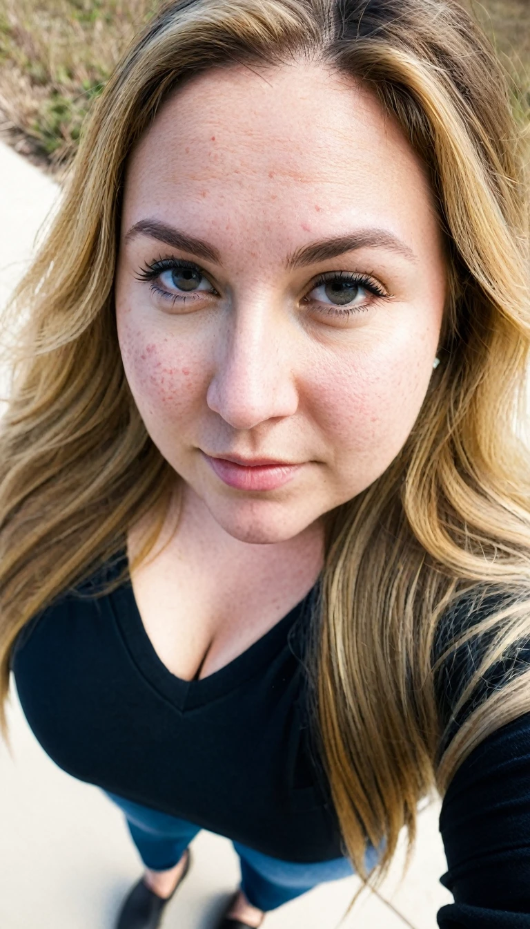 Two chubby woman, 40 years old white Caucasian woman walking outside, day time, Mississippi, Gulfport, cold winter day, long straight blonde messy hair, casually and daily dressed, big hips, thick thighs, casual winter clothed, natural big breasts, Full Body Shot, From Above View, High Angle View, selfie, serious, close up selfie point of view, acne face