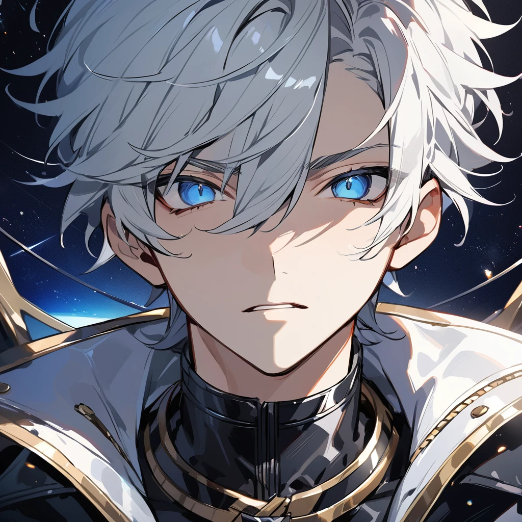 High quality, HD, 4k, no shadows, handsome male, 1male, , teenager, go lining, short white hair, sharp eyes, dark blue eyes, deep blue eyes, devil may cry, close up, calm expression, stoic expression, black leather clothes, white leather clothing, lean body, well trained body, upper body, looking at viewer, cowboy shot, white solar, space background