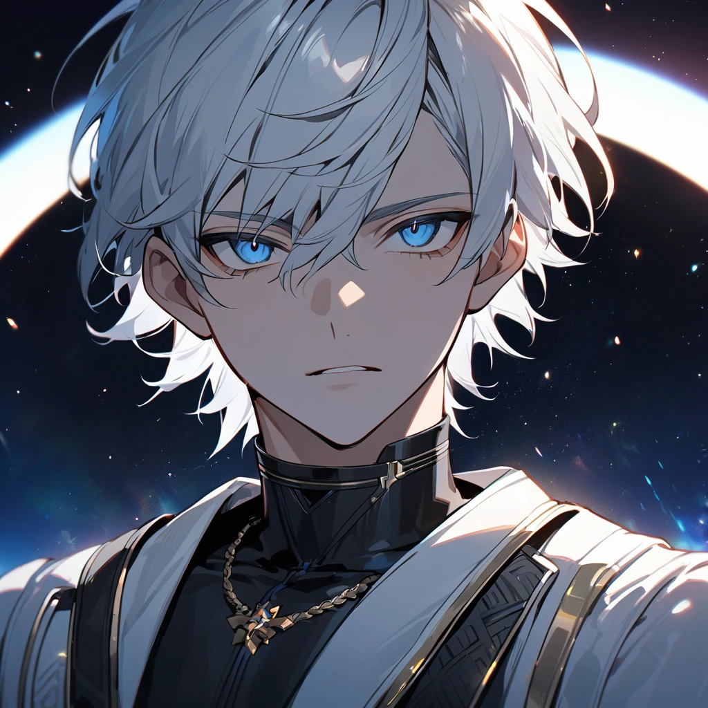 High quality, HD, 4k, no shadows, handsome male, 1male, 17 years old, teenager, golden lining, short white hair, sharp eyes, dark blue eyes, deep blue eyes, devil may cry, close up, calm expression, stoic expression, black leather clothes, white leather clothing, lean body, well trained body, upper body, looking at viewer, cowboy shot, white solar, space background