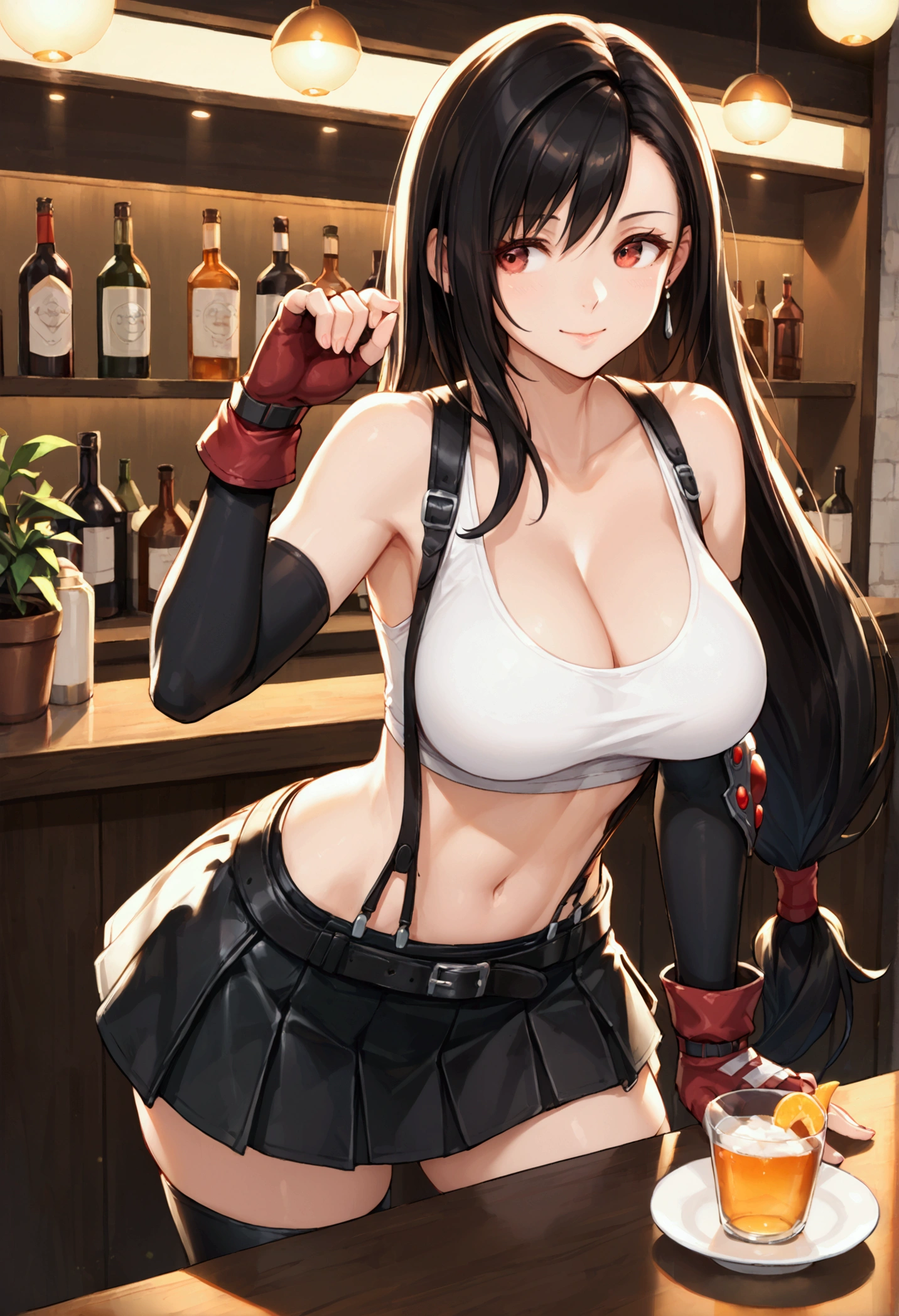 (score_9, score_8_up, score_7_up), BREAK (masterpeace),(best quality),(aesthetic,very aesthetic),1girl, tifa lockhart, final fantasy,(beautiful). black hair, low-tied long hair, red eyes, bangs, white tank top,gap, belt, pleated skirt, thighhighs, elbow fingerless gloves, elbow pads, midriff, navel,suspender skirt.zettai ryouiki ,,(large_breasts:1.3),Solo,upperbody,looking_away, vibrant, joyful,cafe and bar,(Emphasize the cleavage)、 (hands on counter) ,Showcasing cleavage:1.3 ,breast press:1.2 ,counter,(straight-on),breast focus,