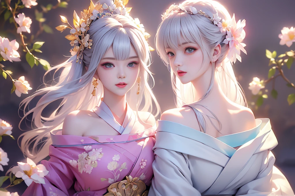 ((masterpiece、Highest quality))((alone、Flower pattern kimonoをゆったりと着ている女性、Elegant woman posing:1.4、Detailed face、bright表情、Beautiful medium sized breasts,young, bright, Whiter skin、Best Looks、Ultimate beauty、shiny white hair、輝くbright髪、Style your hair:1.2、Hair dancing in the wind))(white base background、Mysterious lighting effects like beautiful transparent glass flowers)((Off-the-shoulder style、Expose your shoulders、Expose the neck、Exposing cleavage:1.2))The sleeves of the kimono are connected((Flower pattern kimono:1.3)