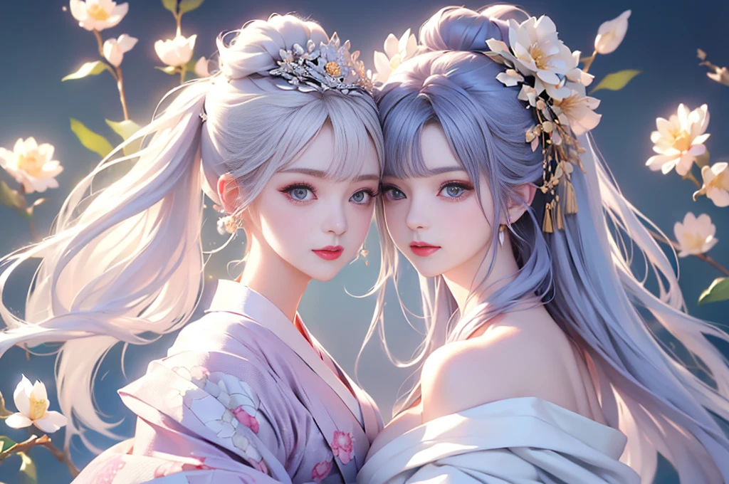 ((masterpiece、Highest quality))((alone、Flower pattern kimonoをゆったりと着ている女性、Elegant woman posing:1.4、Detailed face、bright表情、Beautiful medium sized breasts,young, bright, Whiter skin、Best Looks、Ultimate beauty、shiny white hair、輝くbright髪、Style your hair:1.2、Hair dancing in the wind))(white base background、Mysterious lighting effects like beautiful transparent glass flowers)((Off-the-shoulder style、Expose your shoulders、Expose the neck、Exposing cleavage:1.2))The sleeves of the kimono are connected((Flower pattern kimono:1.3)
