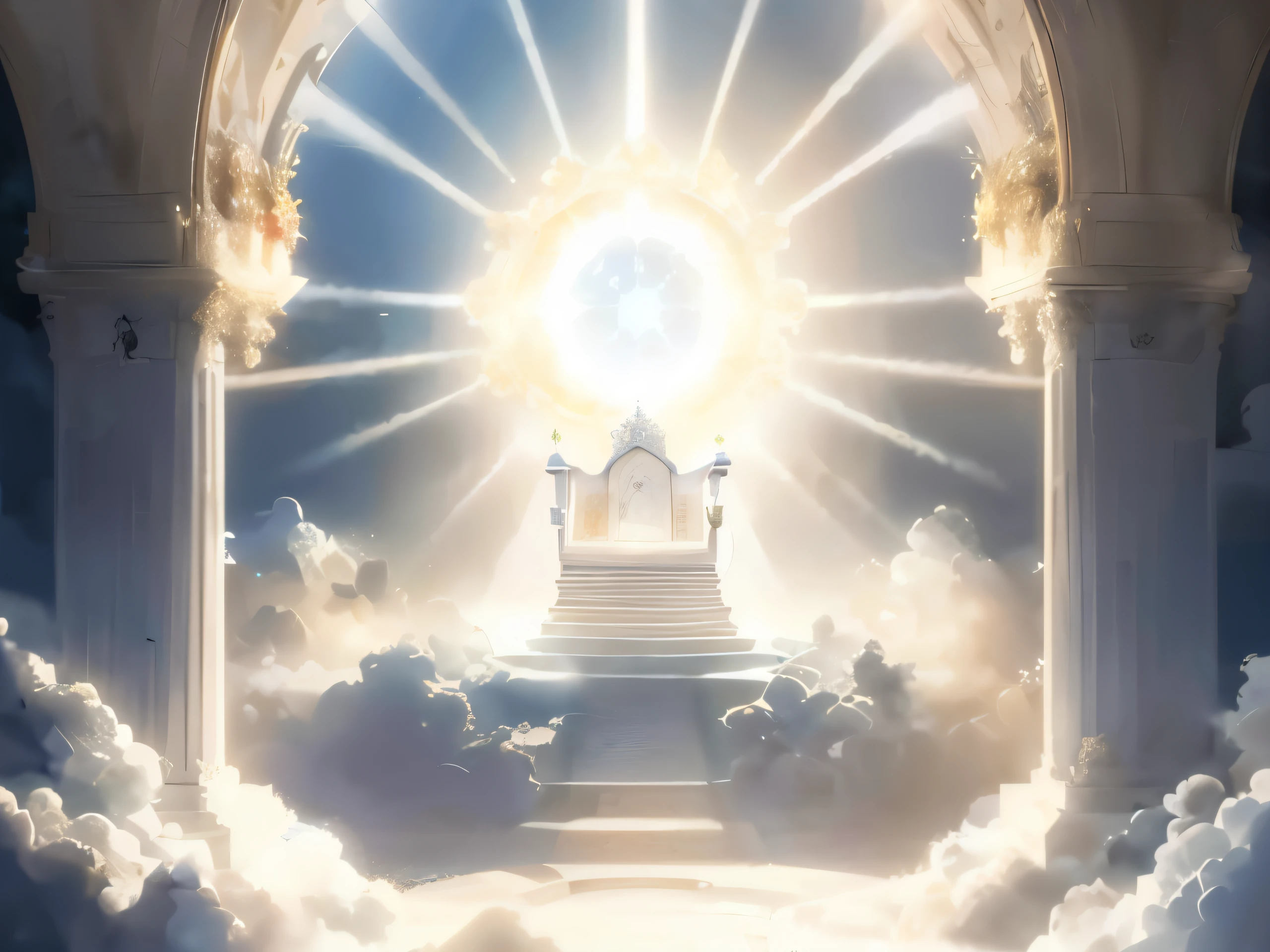 a photo taken of a door to heaven with a staircase leading to a throne, luz celestial, luz brilhante celestial, light kingdom backdrop, gold gates of heaven!!!!!!!!, Raios de Luz Sagrada Sagrada, O Trono Brilhante, heavens gate, reino divino dos deuses, heaven background, Luz majestosa, deus raios solares, the gates of heaven, heaven, heaven!!!!!!!!, Abrindo um portal brilhante