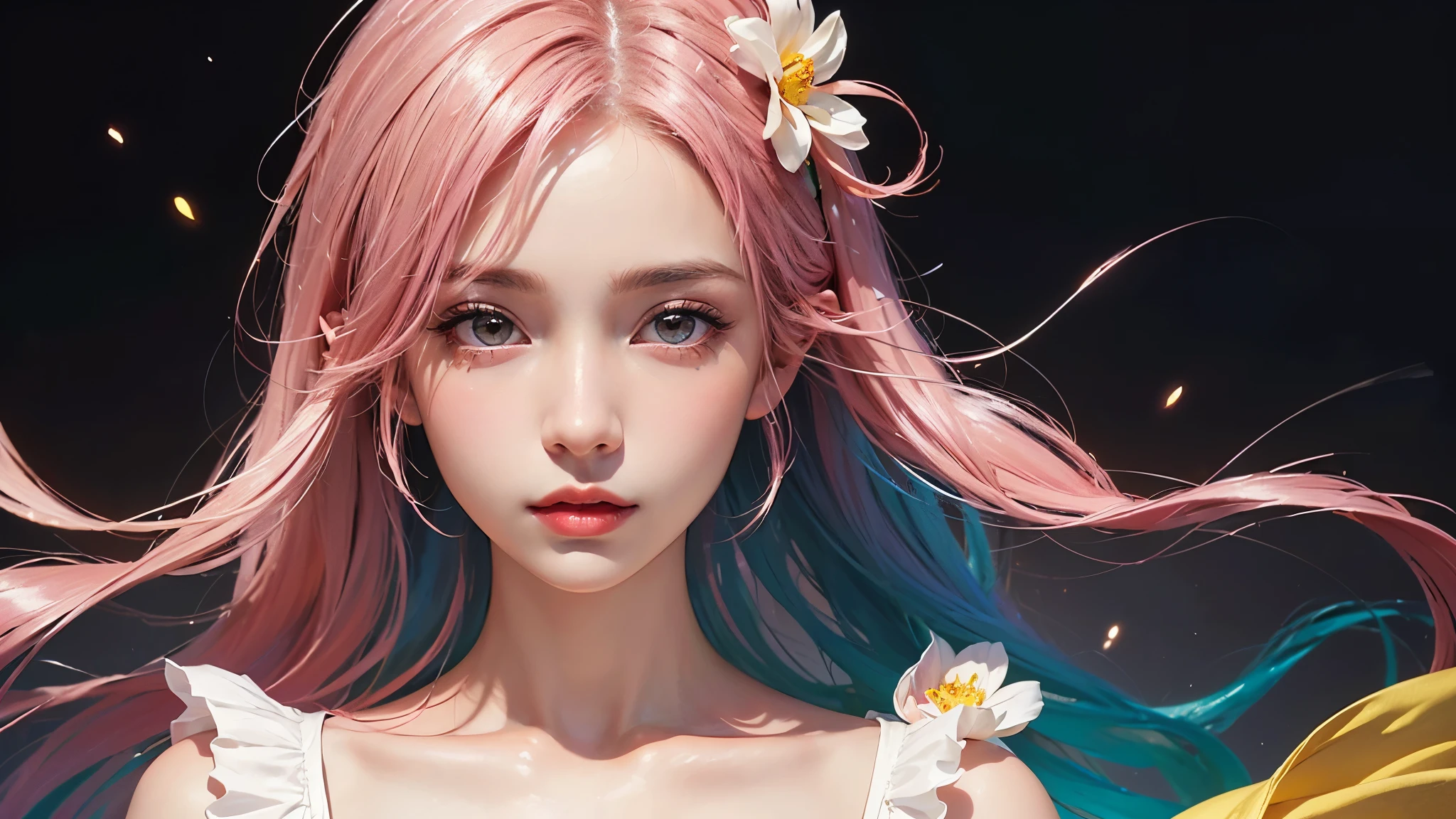 One girl, alone, flower畑, flower, (Official Art, unity 8k wallpaper, Super detailed, beautifully、aesthetic, masterpiece ,Highest quality:1.3), (Dynamic Angle:1.2), (Floating colorful sparkles:1) , elegant, Vibrant colors, Highly detailed face, Detailed eyes, Glowing Skin, Glossy Lips , Pale pink and pale orange background, Pink Hair,