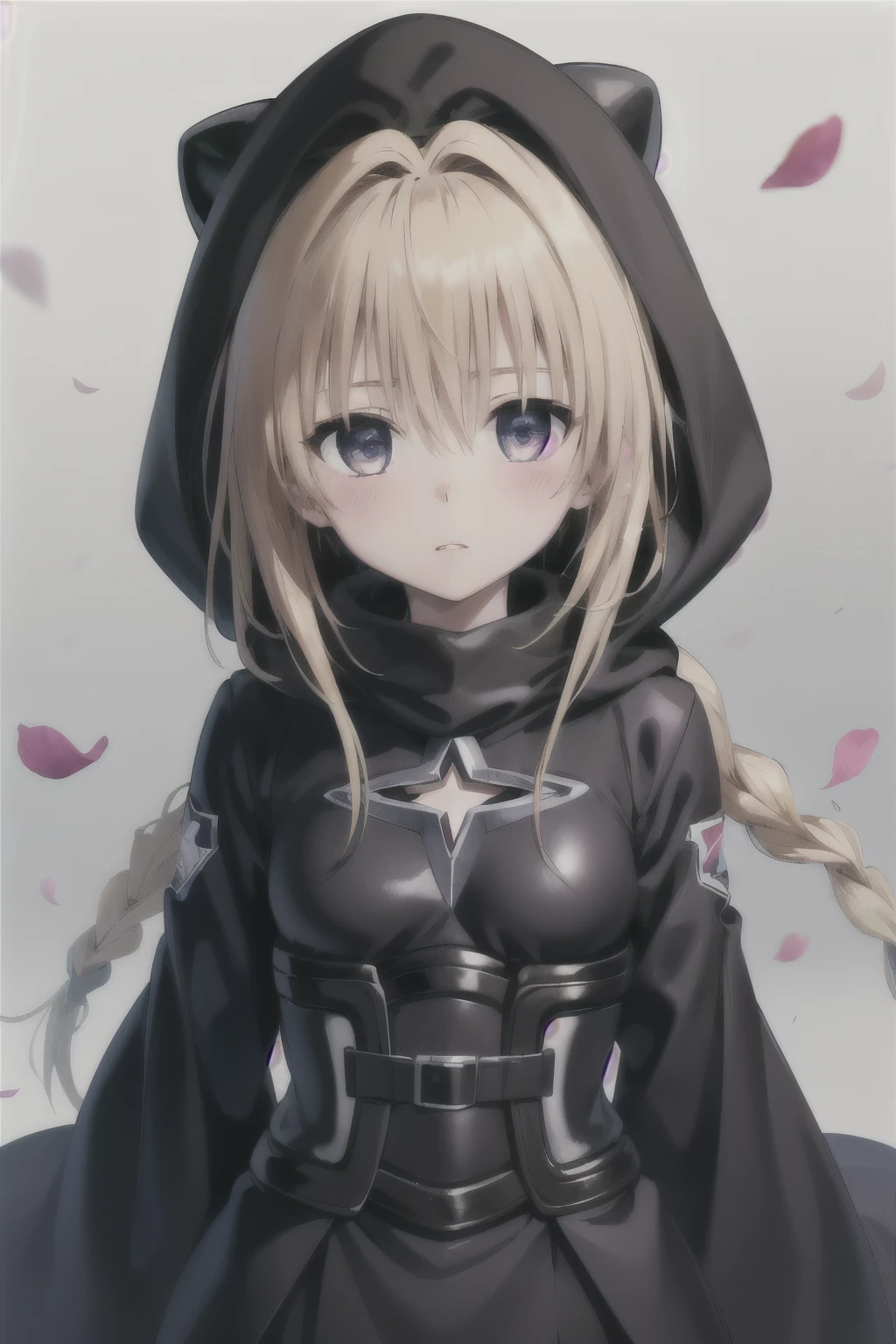 the girl with by rubio with a red top and black jacket is staring at the camera, 1 girl, Alone, braid, by rubio, has, blue eyes, baseball cap, by the wide, Upper part of the body, petals, blush, old, hood, looking at the viewer, jacket, black hats, hits