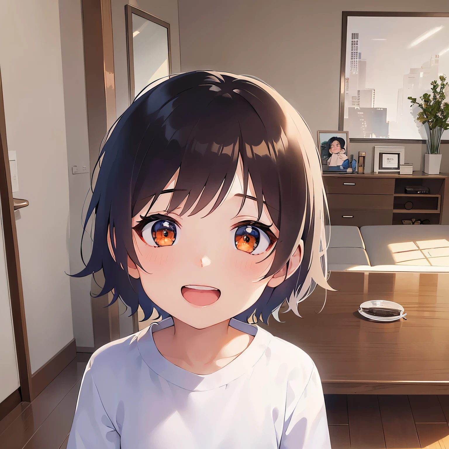(looking away:1.5),Upper Body,Looks happy、
、masterpiece、Highest quality、 (Short hair with brown bangs) and (Orange eyes) and (5 year old boy:1.5)、Boy,
(White long sleeve shirt)、
smile, open mouth,The background is the living room at night