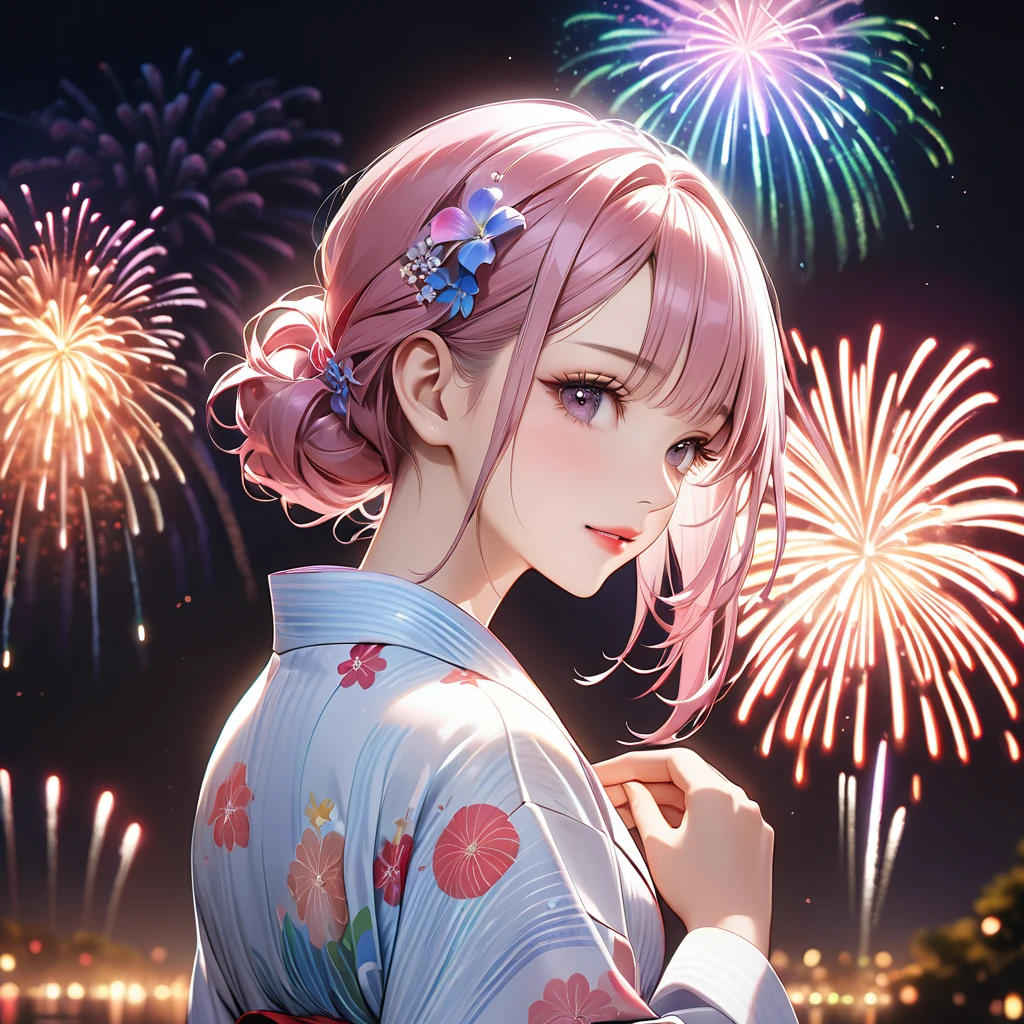A beautiful and divine woman wearing a clean and refreshing white and pink yukata.々A beautiful woman.々Beautiful Goddess, Rainbow Hair,Medium long hairstyle,Beautiful attention to detail, Beautiful lip detail, Highly detailed face, Long eyelashes, Friendly and polite expressions, red, Round crystals in both hands, The perfect uniform, High quality lighting, Realistic, 8k, Highest quality, masterpiece, Professional, Studio Lighting,The background is a fireworks display,Fully facing backwards