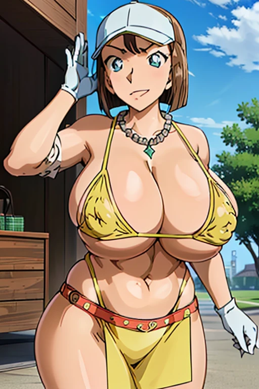 (((Actual Photos,High resolution, 8kHighest quality))),Very detailedな CG Unity 8k 壁紙, Highest quality, Very detailed, Tabletop, Realistic,Very detailedなMature Woman,Mature Woman, Age 35、((Huge breasts))Big cleavage ,Big Ass,Big Ass,Thick thighs,Saggy breasts,Narrow waist,Wide Hips,(((Off-the-shoulder bikini top:1.2)))、 (Apron Golf Mini Skirt) , (Wearing golf gloves),Wear a sun visor, Beautiful Eyes, ((The shape of the nipples is visible even through clothing))、Realistic female hands、audience, blush,A light smile, Lips parted, cowboy shot、 Tight golf wear、With your tongue firmly up、Muchimuchi Body,Hard nipples,Nipples are visible,(((ボタンが閉まらないほどHuge breasts)))、Thick thighs、(One Woman)、Tight mini skirt,(((Off-the-shoulder bikini top)))、Big Breasts、Long legs,Knee-high boots、(((Random Pause)))、Golf course、(Full body photo),Golf Tournament、Vulgar female professional golfer, blonde、(((Tamura Mutsumi:1.2))),(((Gold Necklace:1.4)))、(((Gold bejeweled stone gal belt:1.4))),(((me_irie)))
