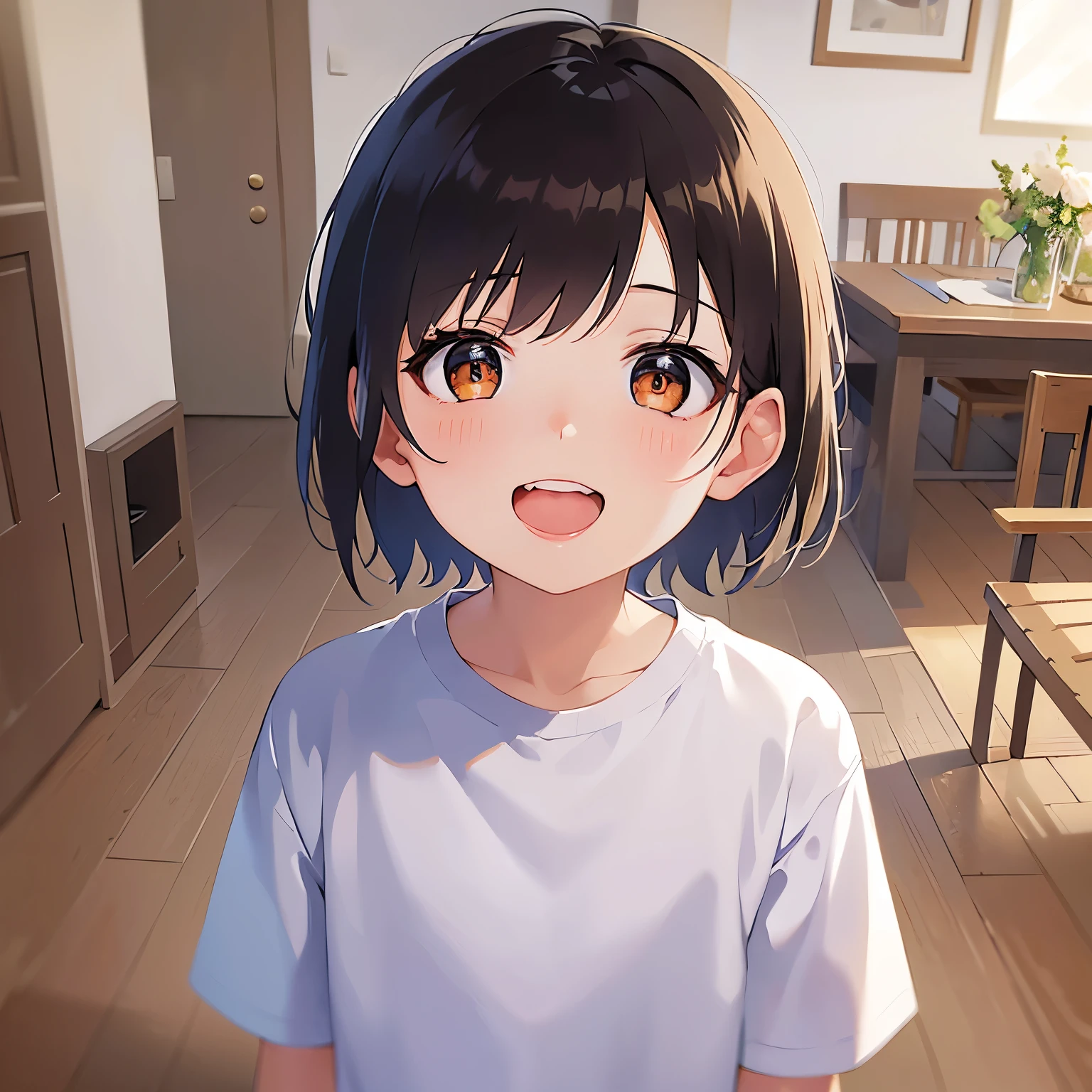 (looking away:1.5),Upper Body,Looks happy、
、masterpiece、Highest quality、 (Short hair with brown bangs) and (Orange eyes) and (5 year old boy:1.5)、Boy,
(White long sleeve shirt)、
smile, open mouth,The background is the living room at night