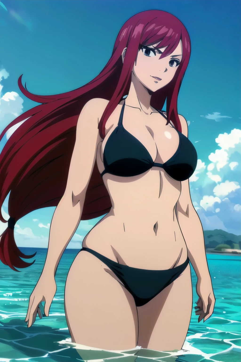 (black bikini only:1.6), groin, (vibrance:1.3), (beach during day time:1.4), windy, ultra detailed face, perfect anatomy, (cowboy shot:1.6), from front, standing, ultra detailed body and face, (thick arms:1.6), perfect body proportions, (legs submerged in water:1.3), highest quality, 1girl, solo, (very little biceps) , smile, ERZASCARLET, BARE SHOULDERS, (big round breasts:1.2) cleavage, off-shoulder, tall girl, (long hair:1.7), (free flowing hair:1.4), (floating hair:1.7), ultra detailed red hair, open mouth, big eyes, long belly, wide shoulders, beach, For the image quality, please prioritize (best quality, highres, masterpiece:1.8), itional prefixes