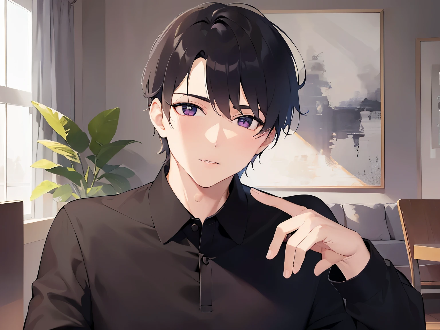 shiny skin,masterpiece,Highest quality,(27-year-old male:1.5),BREAK(Black short hair) and (Purple eyes)BREAK,(Black polo shirt:1.5),(shy)and(blush),(reaching out),(Biologically correct5Finger),The background is the living room,(Alone:1.5)