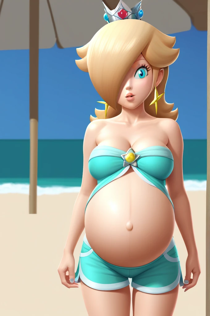 score_9, score_8_up, 1girl, solo, rosalina, style parody, thick outlines, blue bikini, shorts, pregnant belly, sleeveless, strapless, cleavage, indoors, beach, 