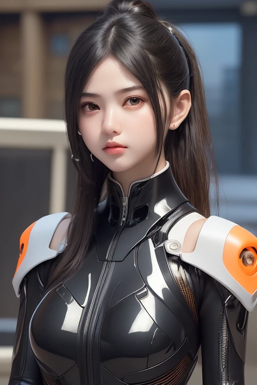 Top Quality, Masterpiece, Ultra High Resolution, (Photorealistic: 1.4), Raw Photo, 1 Girl, Black Hair, Glossy Skin, 1 Mechanical Girl, (((Ultra Realistic Details)), Portrait, Global Illumination, Shadows, Octane Rendering, 8K, Ultra Sharp, Intricate Ornaments Details, realistic skin, sweat effect, ((wearing Headphone)), very intricate detail, realistic light, CGSoation trend, brown eyes, glowing eyes, matte black and glossy orange mechanical bodysuit, Long hair, black hair, Ponytail hair, Half body shot, spaceship bridge background, dynamic pose, Embarrassed, Pout, 
