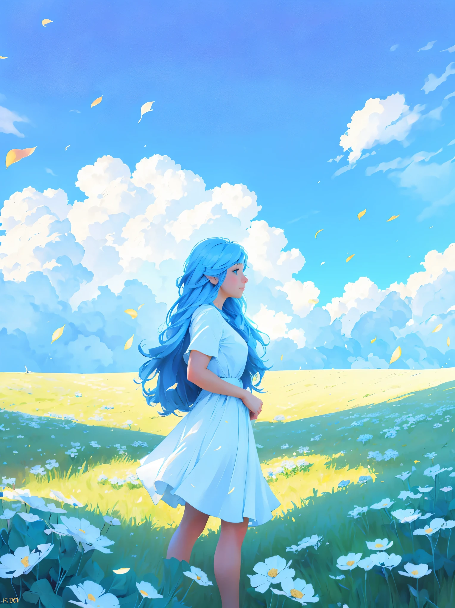 (absurdres, highres, ultra detailed, UHD, cinematic), solo, 1girl, mature, happy, girl standing in light blue flower field, light blue flower petal surrounding girl, full body, blue long hair girl, light blue hair, fantasy, dreamy, snowy, official art, pop art, profile, ultra detailed face, ultra detailed eyes, light blue flower field, ultra detailed field, white blue sky, cold, light blue, white,  nebula in the sky, blue tree, watercolor, pastel color
