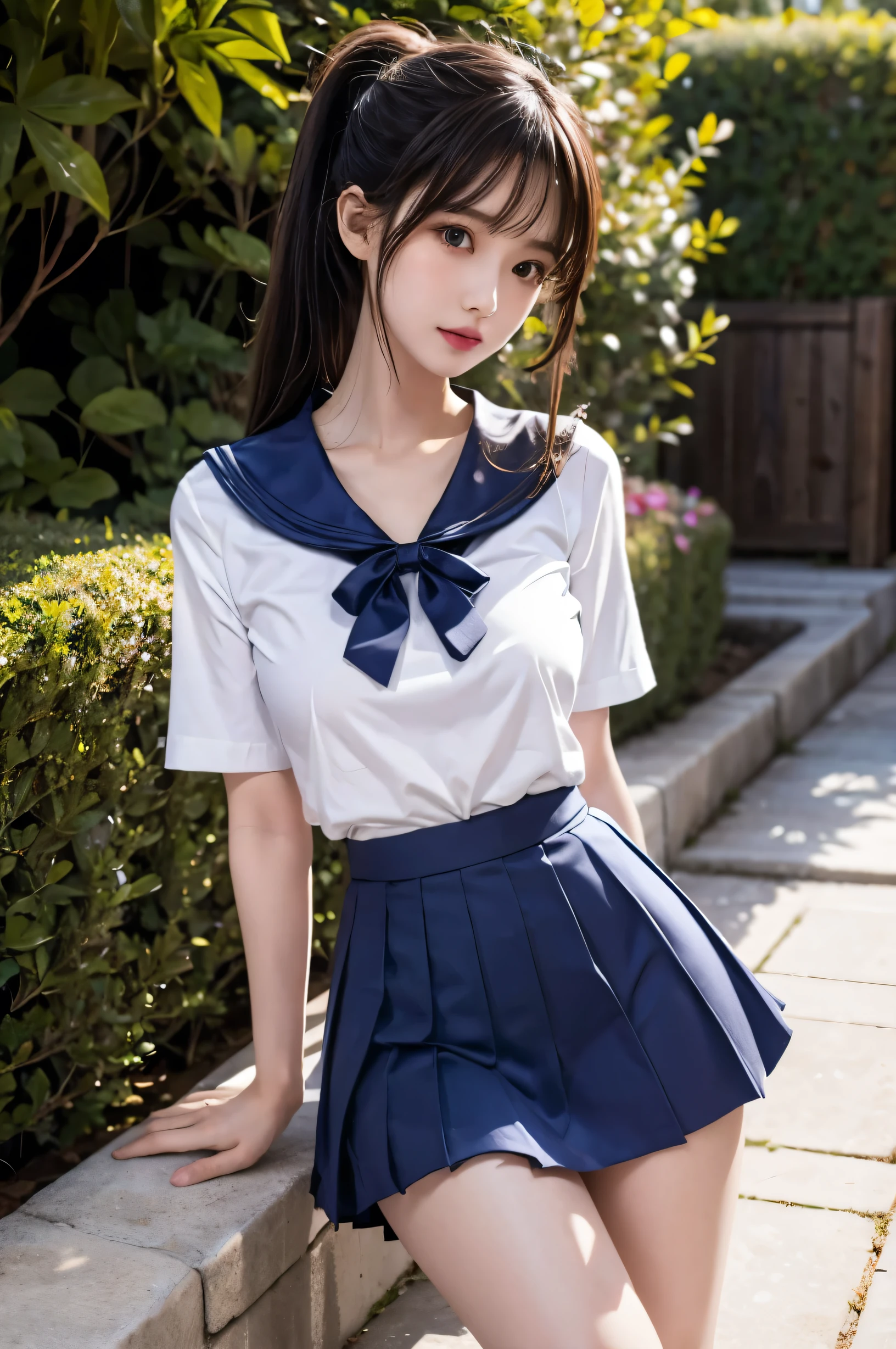 (Ultra HD), (Sailor suit, Navy blue mini skirt), Big Breasts, slender, whole body, Standing posture, (Clean and shiny skin, Whitening, No makeup), (Super slim face, Super beautiful face), (Light Brown Ponytail, Layered Cut, Fluffy hair), (double eyelid, Slanted Eyes), Small Nose, Thin lips, Thin legs, school gate