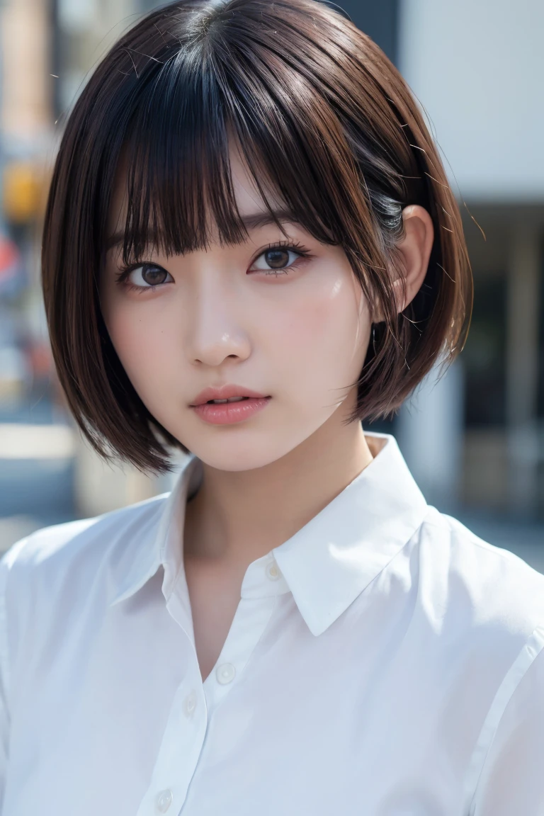 ((Highest quality、8k、masterpiece:1.3))、Beautiful woman、One Girl、(Slim Abs:1.1、White Button Down Blouse、((short hair))、Detailed facial features、Highly detailed lips、Detailed eyes、double eyelid、(Neat bangs.1.3)、Dark brown hair、Large Eyes、Seductive lips、The corners of the mouth turn up、black eye、street、cute asian face, Beautiful Japanese girl face, Short fine hair，With bangs,, Shirahime cut hairstyle、Narrow eyes、(A grown-up 30-year-old)、