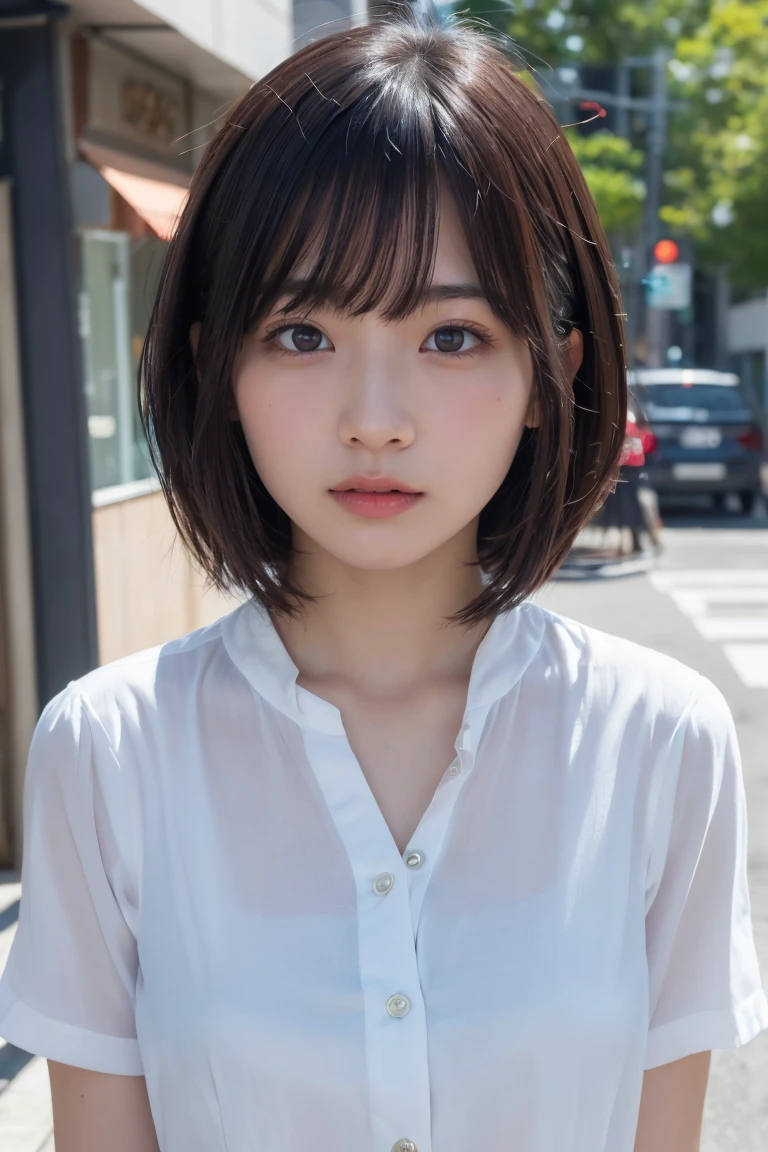 ((Highest quality、8k、masterpiece:1.3))、Beautiful woman、One Girl、(Slim Abs:1.1、White Button Down Blouse、((short hair))、Detailed facial features、Highly detailed lips、Detailed eyes、double eyelid、(Neat bangs.1.3)、Dark brown hair、Large Eyes、Seductive lips、The corners of the mouth turn up、black eye、street、cute asian face, Beautiful Japanese girl face, Short fine hair,With bangs,, Shirahime cut hairstyle、Narrow eyes、(A grown-up 30-year-old)、