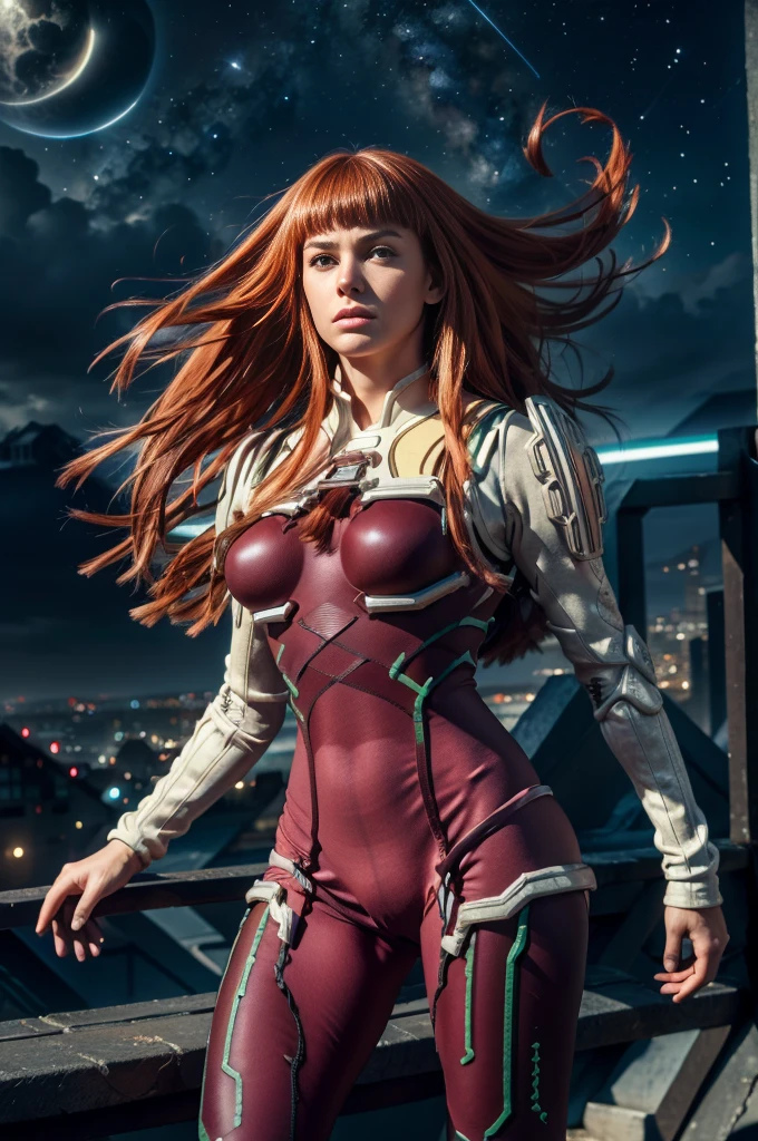 ((Masterpiece)), (high resolution:1.4), (standing:1.2), (dynamic pose:1.4), (upper body), bella as ken marinaris from zone of the enders 2, extra long ginger hair, bangs, eye contact with viewer, neutral look, futuristic room, bright illumination, beautiful face, highly realistic skin texture, (highly detailed face:1.1), (highly detailed eyes:1.1), realistic pupils, full face blush, full lips, slender body, wide hips, large natural breasts, (5 fingers per hand), (perfect anatomy:1.1), (perfect proportions:1.1), (photography:1.1), (photorealistic:1.1), (red spandex suit, form fitting suit, armor details, shoulder armour, gauntlets), volumetric lighting, dynamic lighting, real shadows, (highres:1.1), sharp focus, (realistic, hyperrealistic:1.4), intricate, high detail, dramatic, subsurface scattering, bokeh, vivid, polished, sharpened, ((full Sharp)), (extremely absurdres), 4k, hdr, flowing hair, a sight to behold in the background, many stars visible through round glass window