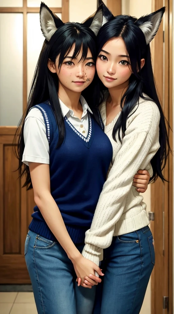 a profesional picture of 1 girl, young girl,(small breasts:1.3) ,astetic beauty, yukino, 1girl, fox ears, fox tail, long hair   , dresed as Sweater vest and mom jeans , Supportive Arm Around the Shoulder: Slipping their arm around someone's shoulder in a casual hug, they offer support and camaraderie. Their eyes meet the other person's with warmth.  , sad  in Haunted hospital  realistic ,perfect quality,best quality,ultrasharp,ultradetailed,perfect quality,masterpiece,intricated details,  focus on character bf_holding_hands, with, holding, hands    hotify