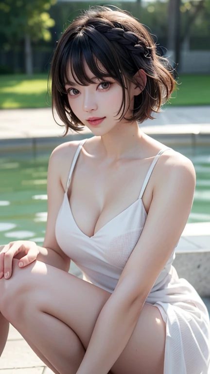 (UHD, Retina, masterpiece, precise, Anatomically_correct, Textured_skin, excellent_detail, High target_details, High target_quality, the best_quality, High target_The reservoir, 1080P, HD, 4K, 8K, 16K), (beautiful_detailed_Eyes, beautiful_detailed_Lips, extremely_detailed_Eyes_and_Face), (Soft_light:1.5), Physically based_Rendering, vivid_color, (Large target_breast:1.5,big nipples), (shining_hair, shining_skin, Tanning_skin, Face红), (Bangs:1.5), Eye_reflection, (Bokeh), (微lol_and_lol, Bob_cut, braid, White_Naked see-through dress), slim、Sexy、get wet , Bend your knees and sit down。
