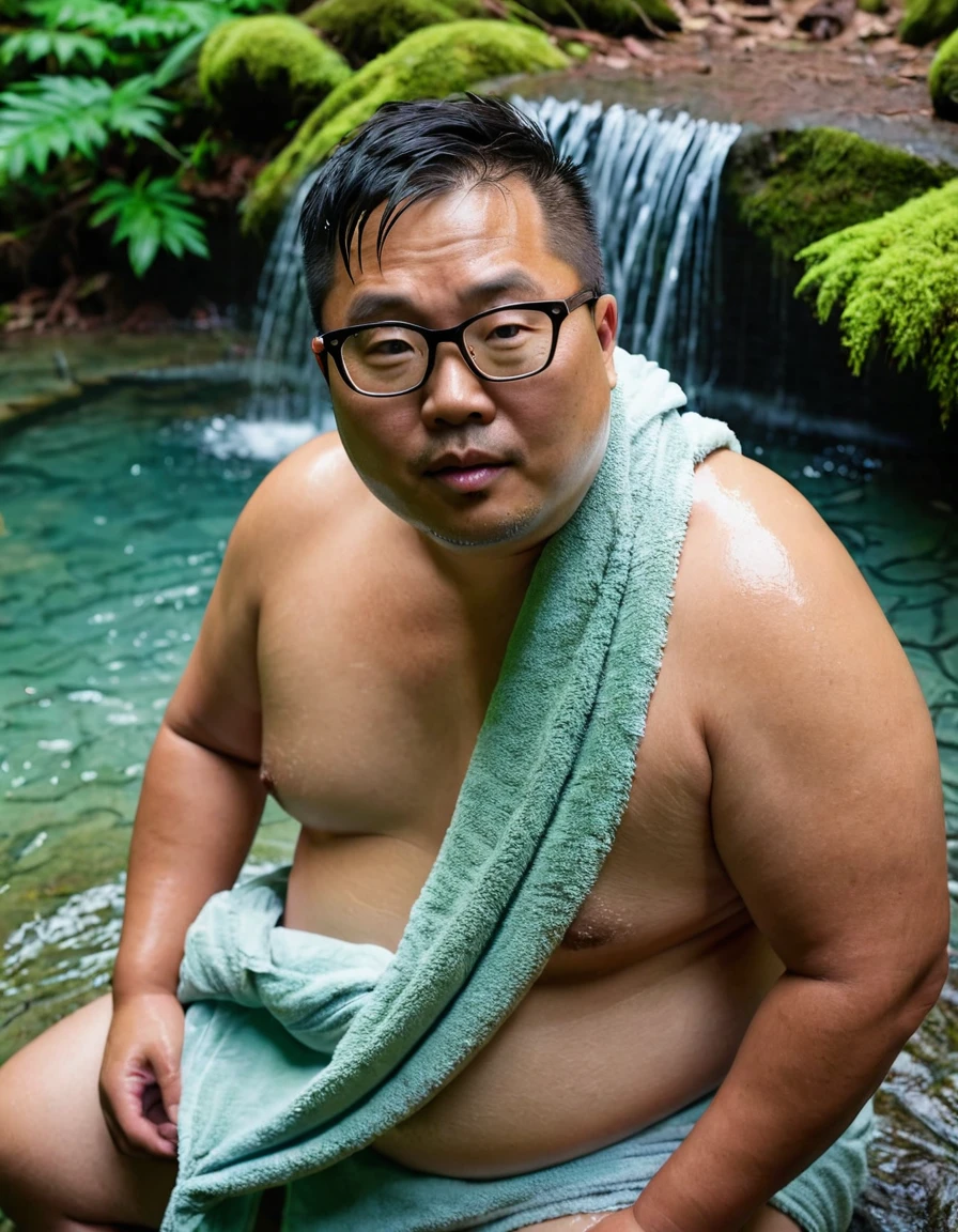 Man, Asian, 40 years old, Fat, Chubby, eye glasses, taking off shirt, Shirtless, wearing a towel, towel draped over shoulder, Sitting, soaking in a mineral spring, in a big forest, Top view, sharp image, light beautiful.