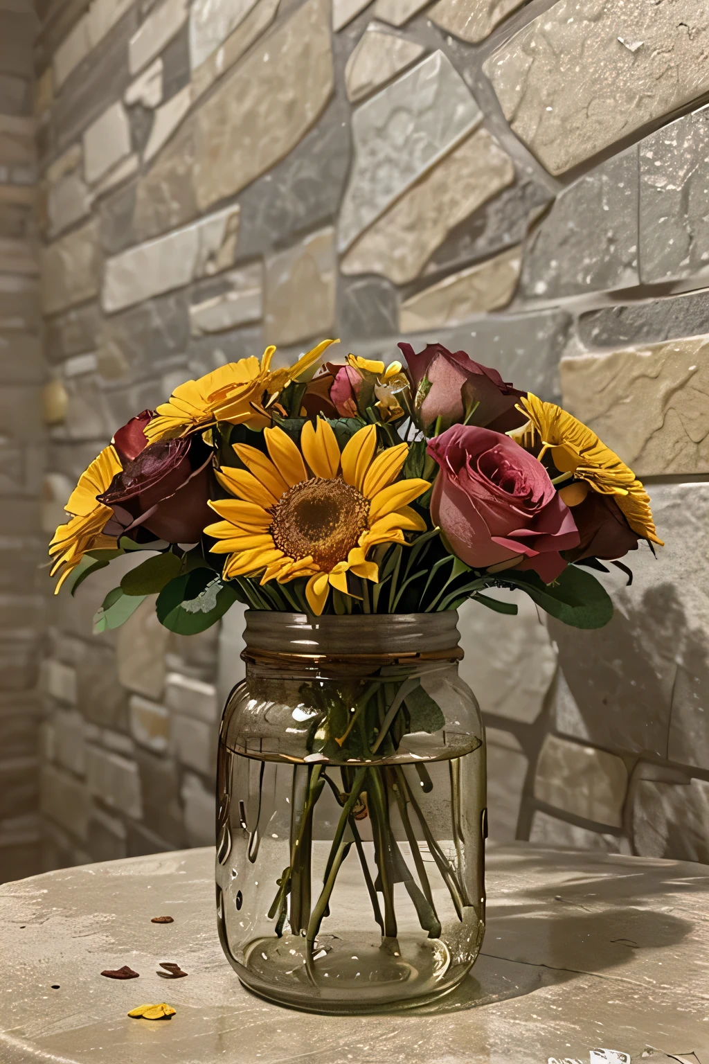top quality, beautiful and aesthetically pleasing, ceramic and stone background, Beautiful bouquet of flowers, Fallen leaves, Bright, Instead of a vase, an ordinary half-liter jar is used, transparent jar, a jar with straight walls without a bend at the neck, with dew on the petals,