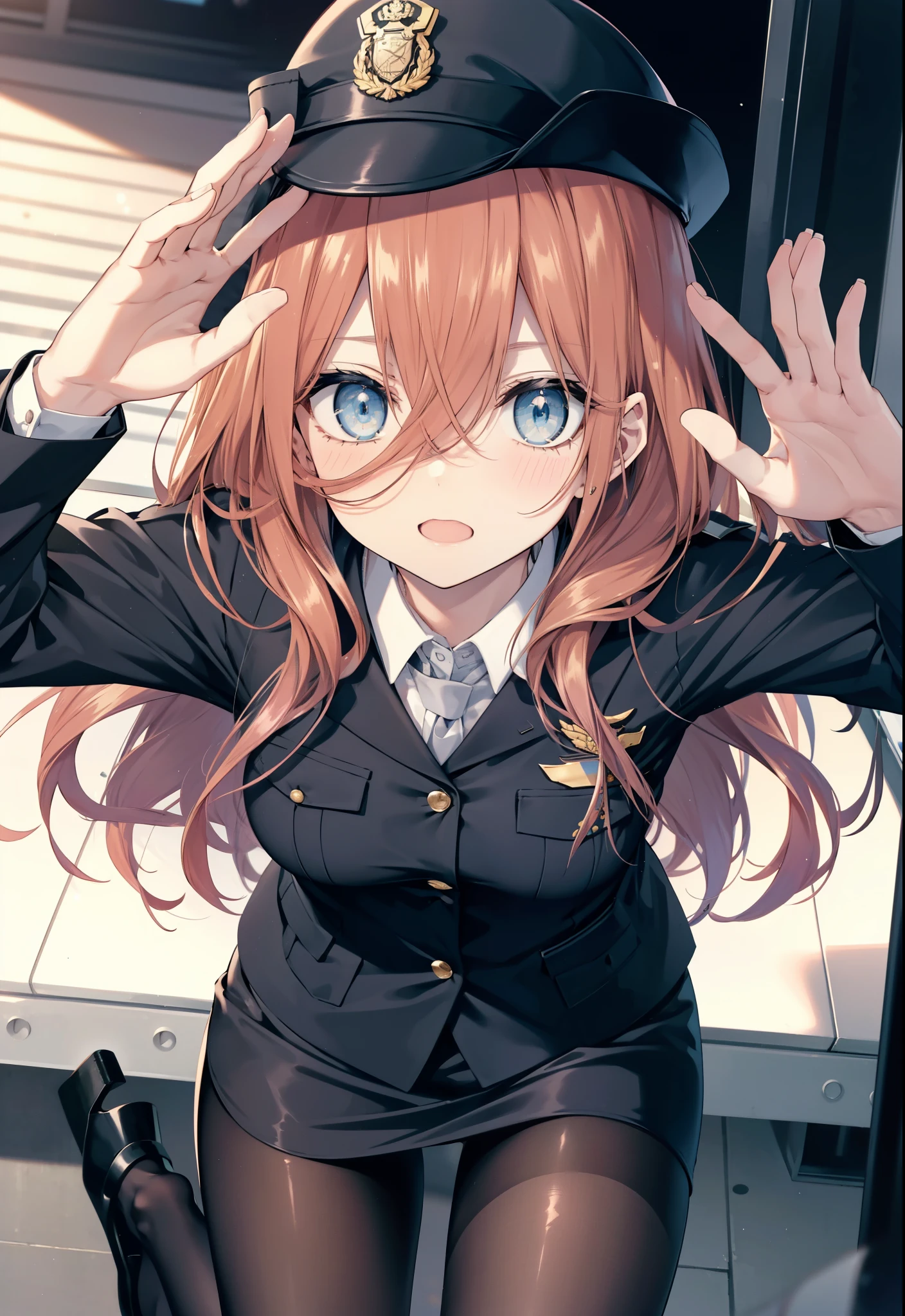 Miku Nakano, miku nakano, Long Hair, bangs, blue eyes, Brown Hair, shirt, Hair between the eyes, , Headphones around neck,Police hat,smile,blush,Open your mouth,Sexy police uniform,Black Pencil Skirt,Black pantyhose,Stiletto heels,Girl salutes, Hands are applied to the head, look up,Daytime,Clear skies,whole bodyがイラストに入るように,立っている
break outdoors, city,Building district,
break looking at viewer, whole body,
break (masterpiece:1.2), Highest quality, High resolution, unity 8k wallpaper, (shape:0.8), (Fine and beautiful eyes:1.6), Highly detailed face, Perfect lighting, Highly detailed CG, (Perfect hands, Perfect Anatomy),