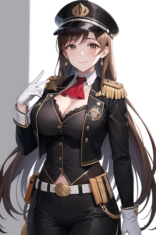 masterpiece, best quality, highres, aanitta, (very long hair), (black peaked cap), earrings, big breasts, cleavage, muscular body, military uniform, epaulettes, badges, (black shirt:1.2), (gold trim), (bulletproof vest), (red ascot), black sleeves, long sleeves, (black cargo pants), utility belt, (belt pouches), cargo pants, (white gloves), cowboy shot, standing, smile, closed mouth, facing the viewer, looking at the viewer, (simple white background)