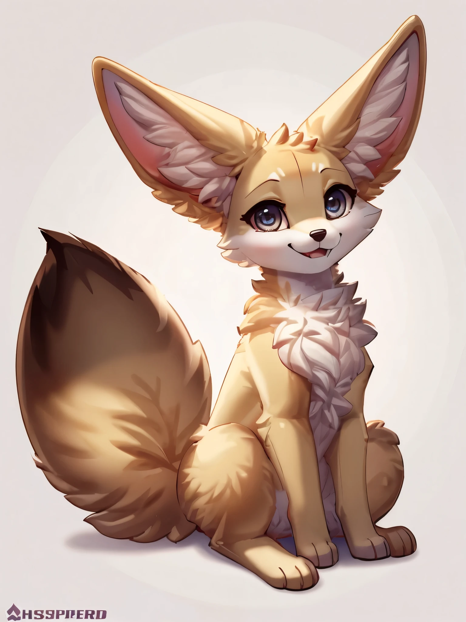 Solo, Cinematic, Fennec, female, feral, long fluffy tail, happy, sitting, White background, extremely detailed, beautiful and detailed dilated eyes, grey eyes, full body, ((By WhisperFood))