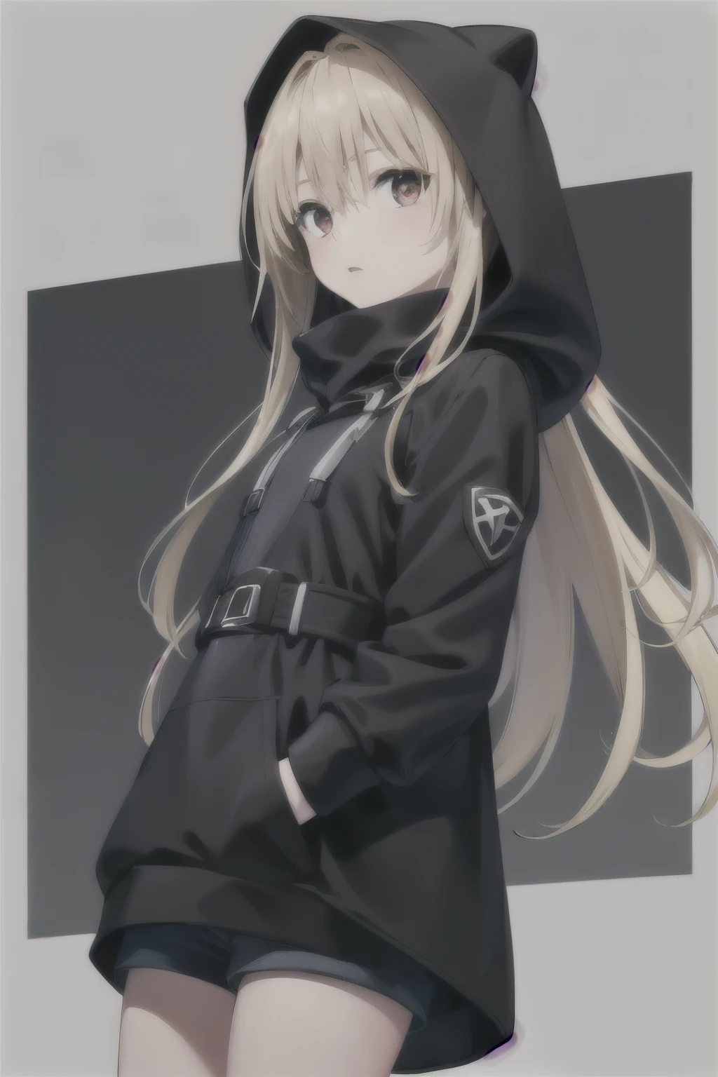 1 girl, adolescent, black hood, blue shorts, long and blond hair,