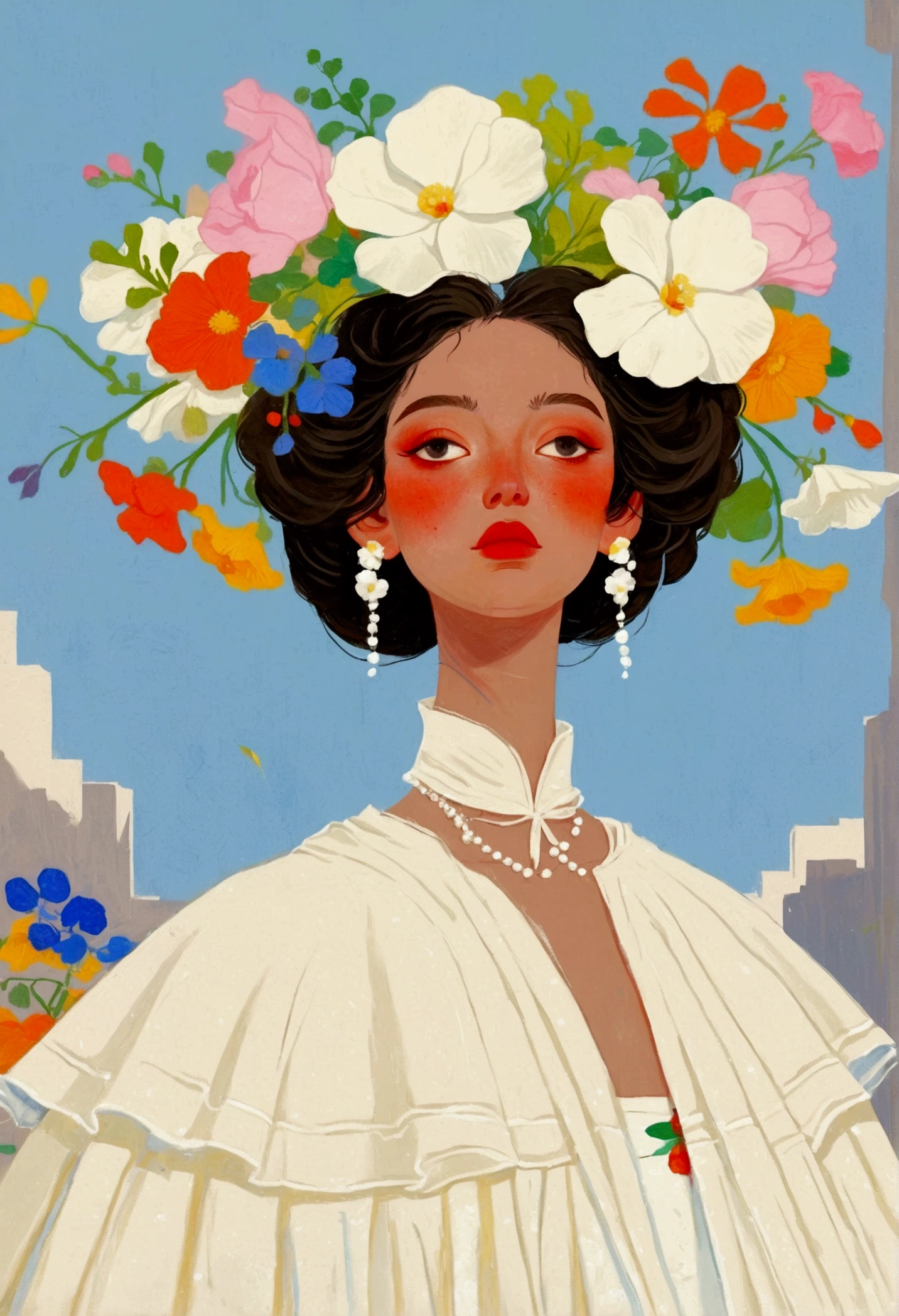 The painting shows a woman wearing a white dress、Woman with flowers on her head, Thomas Blackshear (Thomas Blackshear) of inspiration, Digital illustration style, Elegant digital art, Inspired by Victor Mosquera, lois van ross works, Detailed fashion illustrations, luxury fashion illustration, Stunning art style, Juster Battle, Beautiful digital illustrations, rossdraws 1. 0