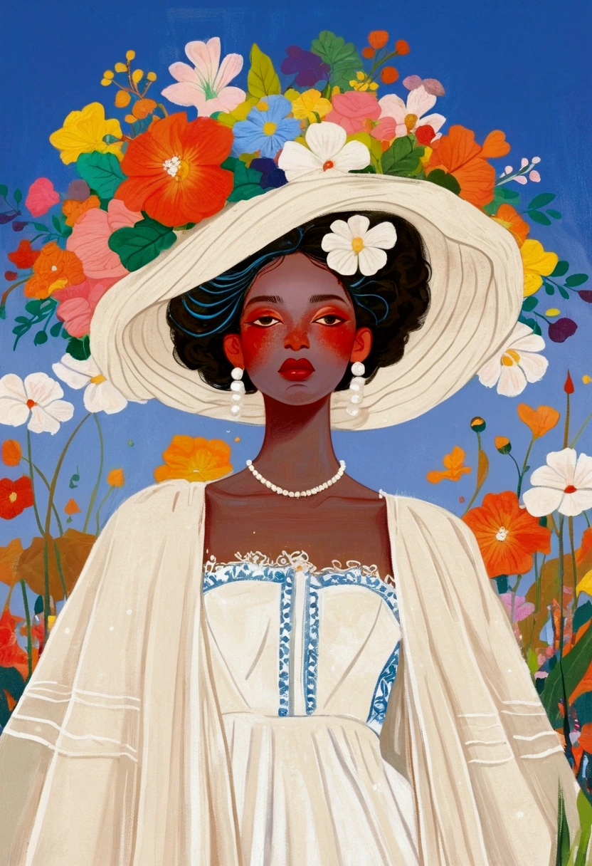 The painting shows a woman wearing a white dress、Woman with flowers on her head, Digital painting inspired by Thomas Blackshear, cg Social Hotspot, Afrofuturism, Digital illustration style, Elegant digital art, lois van ross works, Detailed fashion illustrations, luxury fashion illustration, Stunning art style, Juster Battle, Beautiful digital illustrations, rossdraws 1. 0