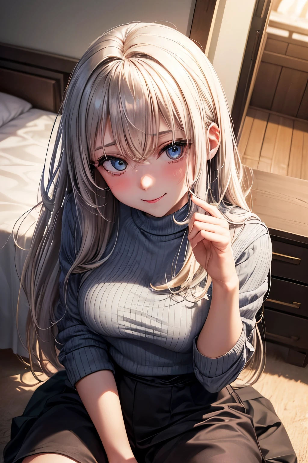 beautiful girl, lower lewd girl, (ingratiating, obsequious, groveling), (normal clothes, casual clothes, sfw), she's looking up me through her eyelashes, (vulgar, lowly, depraved, dirty minded, greedy, vile, insidious, scum, loser, lowest and lewd, lust), (she belittles herself, lack of self-respect, self-deprecating), petty, sly, shame, liar, insecure, shy, from above, sitting, ingratiating smile