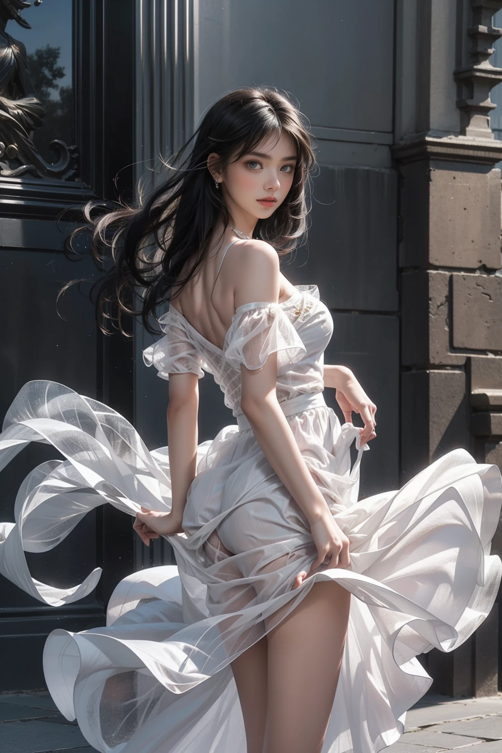 ((Girl standing in front of the wall of an old castle))、(Rear view)、(look back)、Fluorescent color、1 girl、Looking to the side、Beautiful face、Beautiful eyes、（Off the shoulder：1.2）、Upper Body、Shiny Hair、Glowing Skin、 Reduce glare、The proportions of the fingers have been adjusted、Escrow、ass pov、Dynamic Angle、(((Master part)))、(((highest quality)))、(((Super-detailed))) detailed）、（An illustration）、（Detailed light）、（Very delicate and beautiful）、Dramatic_Shadow、Ray_Tracking、reflection、 Ultra-high resolution、((A girl with colorful hair and mesh in her black hair))、 Her hair flutters in the wind、(Large deep blue eyes)、Black Haired Woman、 Sparkling Butterfly、Black-haired woman、Points of light around the woman、Magical Aura、Green dot、Aura About Natural、超Magical AuraBlack-haired woman,((Semi-transparent white open shoulder dress:1.3))、(No sleeve)、((My skirt is flying up in the wind)),((An old European castle is hazy in the distance)),((White panties are visible)),