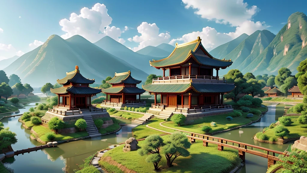 Natural beauty, Chinese ancient village.     The Stream.    cloud, Temple.    View from the air, mystical beauty, 8k